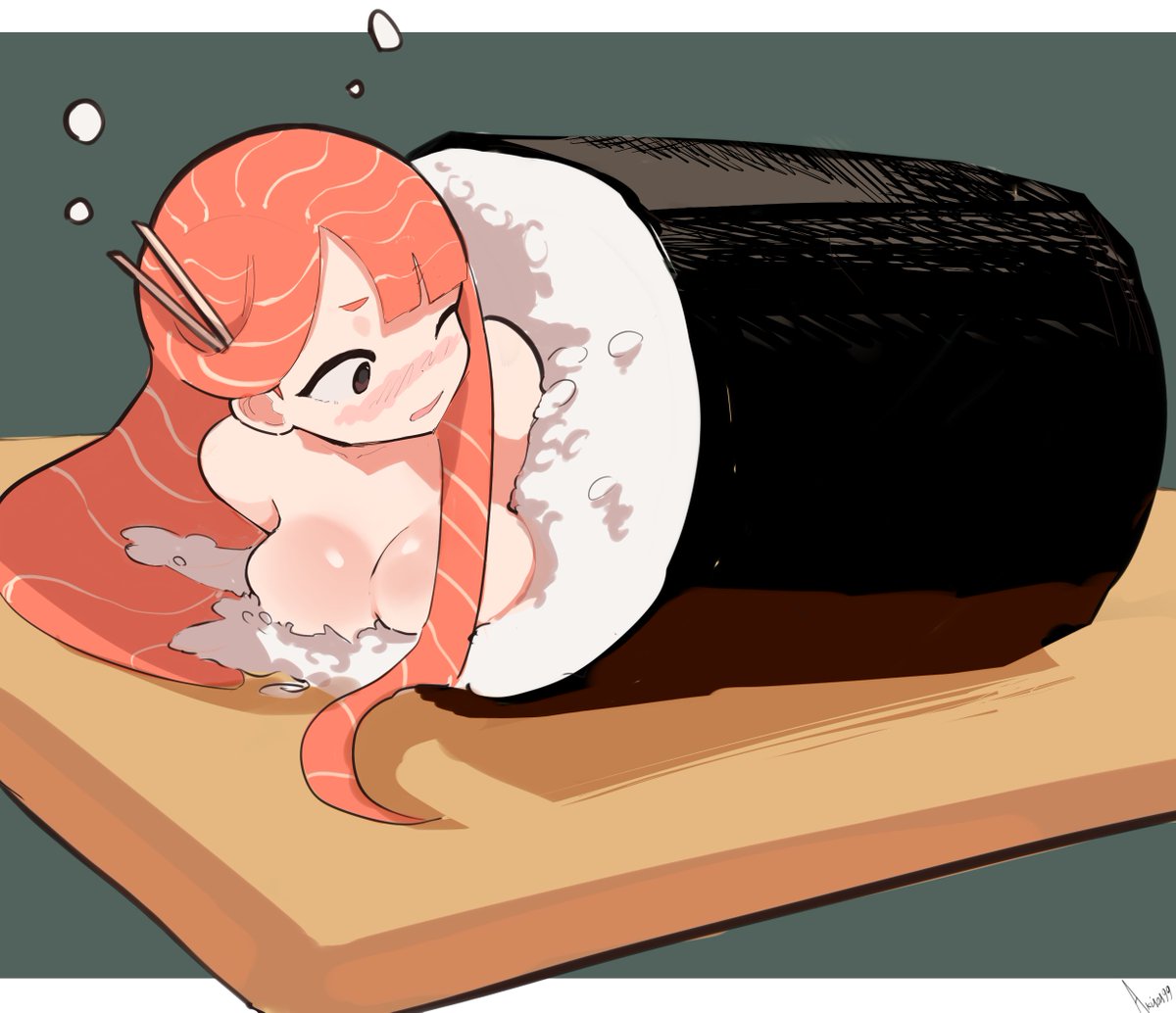 akisas99 big_breasts brown_eyes cleavage exposed_shoulders orange_hair original sashimi_(character) struggling stuck sushi