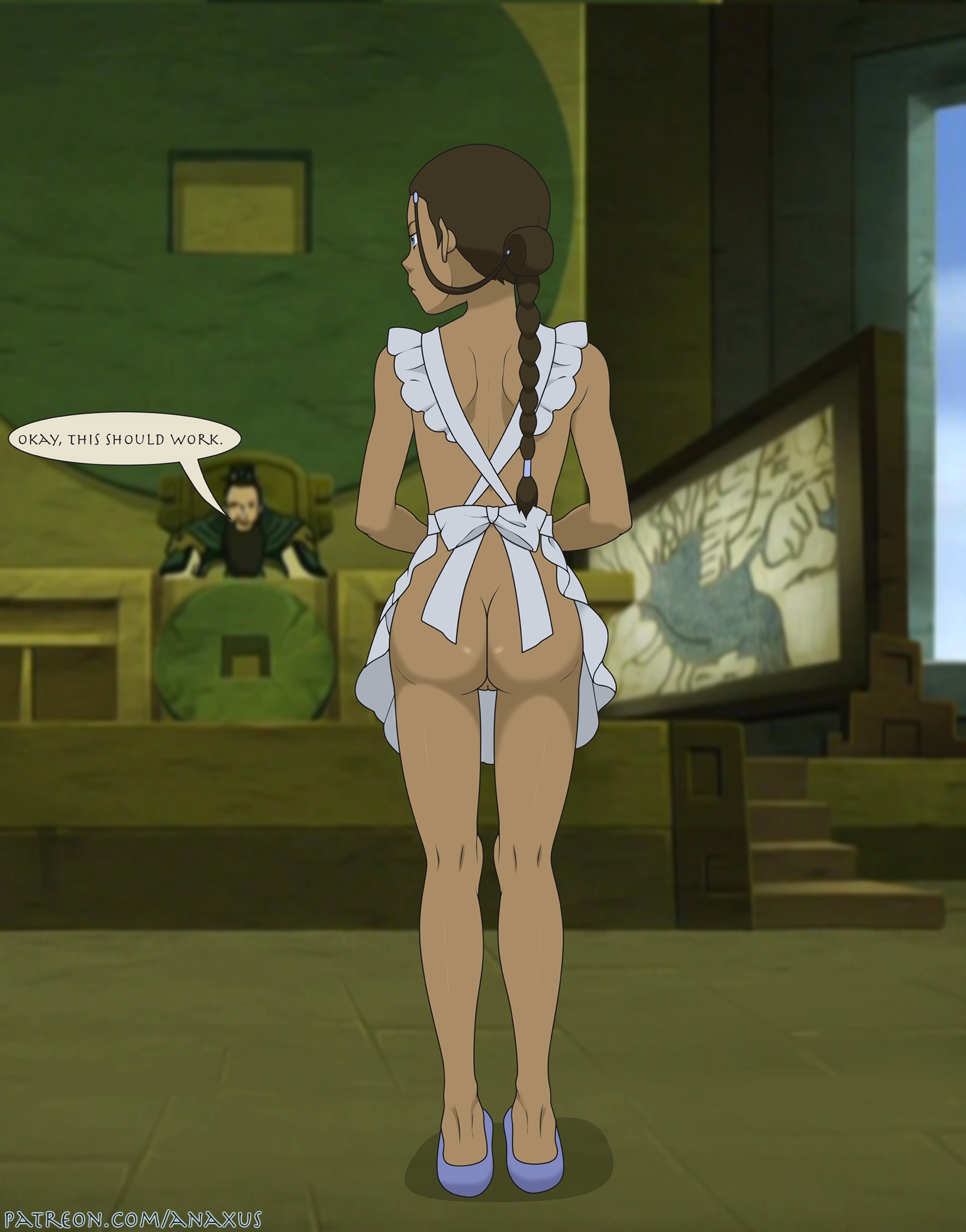 1boy, 1girls, anaxus, apron, apron only, ass, avatar the last airbender, back view, earth kingdom, english text, feet, female, flats, human, katara, male, naked apron, no bra, no panties, rear view, shoes, solo focus, standing, text