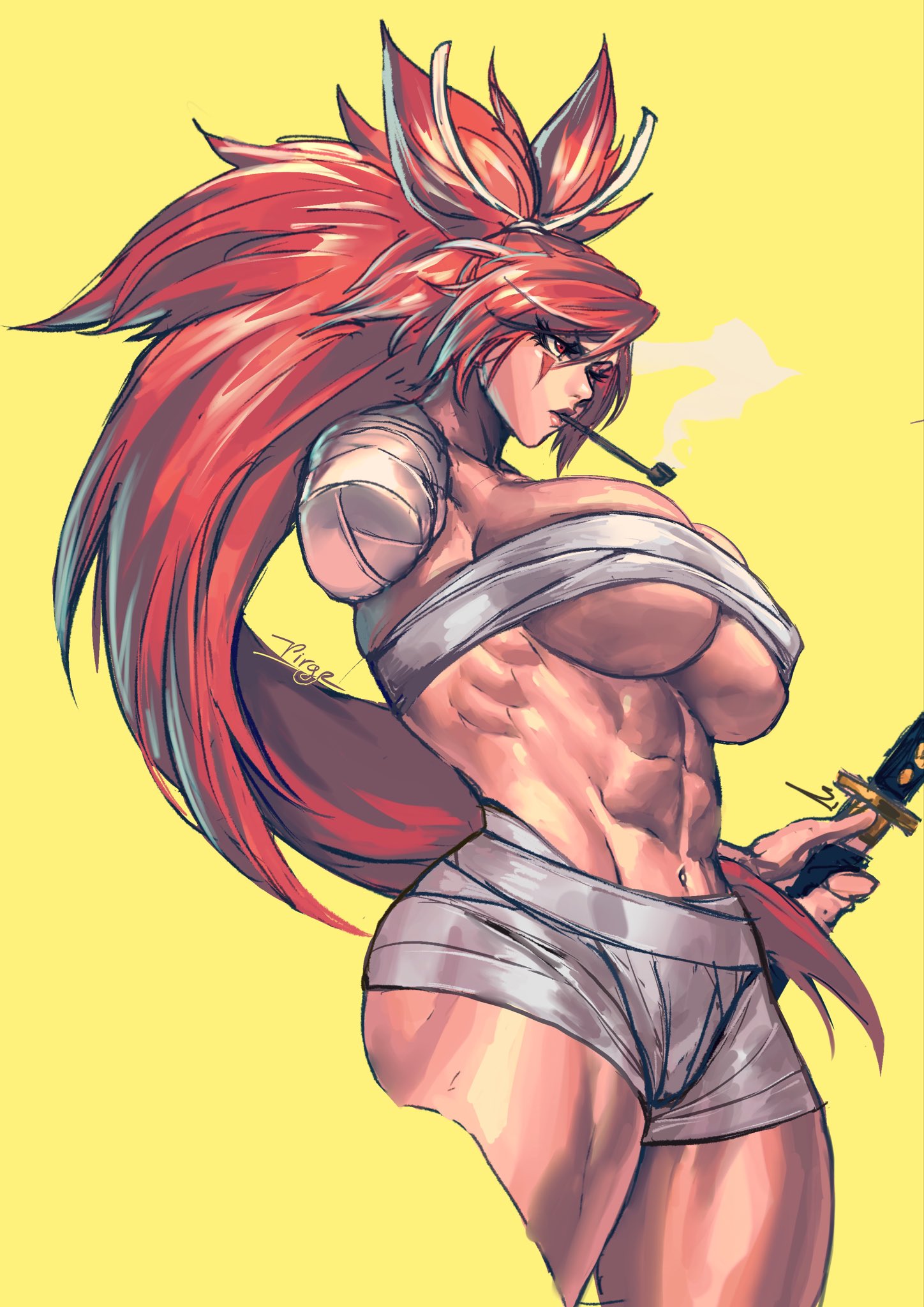 1girls, abs, amputee, arc system works, baiken, bandage, bandaged arm, breasts, cleavage, cropped legs, facial markings, female, guilty gear, hi res, holding object, huge breasts, muscular, muscular female, obliques, pink hair, pipe, ponytail, red eyes, red hair, sarashi, serratus anterior, signature, simple background, smoking, solo, sword, thick thighs, underboob, very long hair, virgoart1509, yellow background