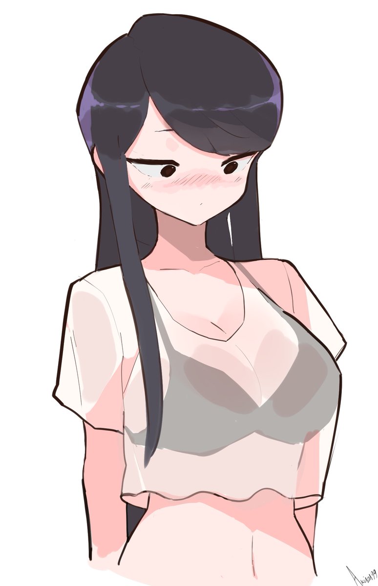 akisas99 black_bra black_hair blush bra bra_visible_through_clothes brown_eyes crop_top embarrassed exposed_torso komi-san_wa_komyushou_desu komi_shouko looking_down see-through_clothing transparent_clothing