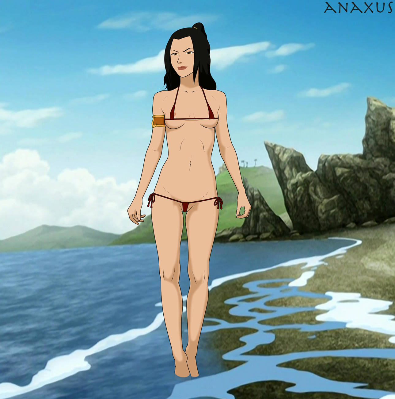 anaxus, avatar the last airbender, azula, beach, breasts, female, lipstick, nipples, nipples visible through bikini, revealing clothes, revealing swimsuit, sand, seaside, smile, standing, swimsuit, swimwear, thong, thong bikini