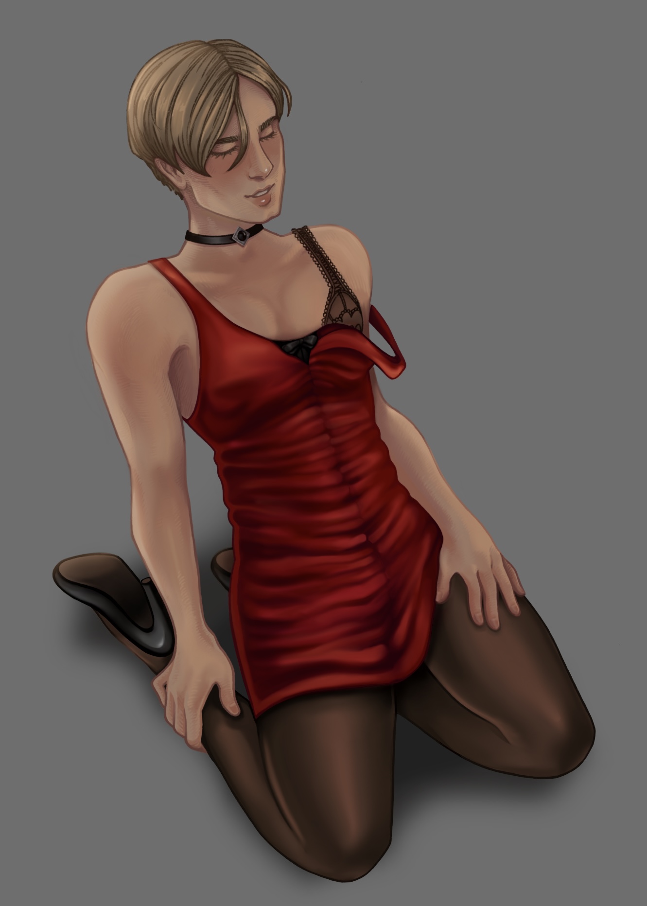 ada wong (cosplay), artist request, biohazard, blonde hair, capcom, choker, closed eyes, crossdressing, crossdressing male, femboy, feminine male, gay, heels, high heels, kneeling, lace, leon scott kennedy, male, resident evil, resident evil 2, skimpy clothes, submissive male, tight clothing, video game, video game character, video games
