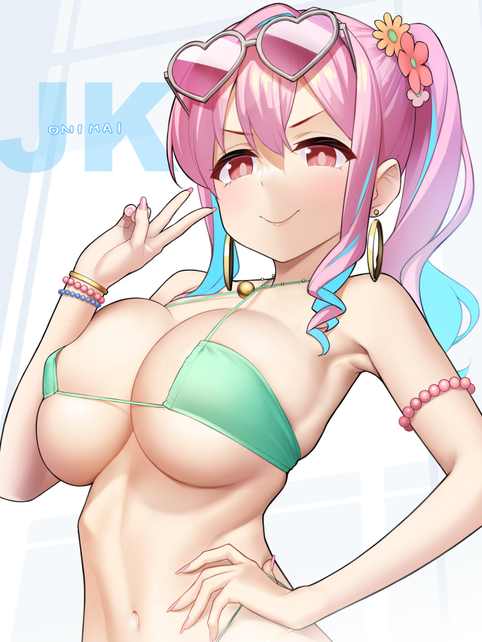 1girls bare_shoulders bikini blue_hair blush breasts cleavage collarbone colored_inner_hair earrings eyewear_on_head female green_bikini heart heart-shaped_eyewear high_ponytail highleg highleg_bikini hoop_earrings hozuki_kaede jewelry kanzaki_muyu large_breasts light-skinned_female light_blue_hair light_skin long_hair multicolored_hair navel necklace onii-chan_wa_oshimai! pink_hair ponytail short_ponytail sidelocks smile solo sunglasses swimsuit thighs two-tone_hair underboob v