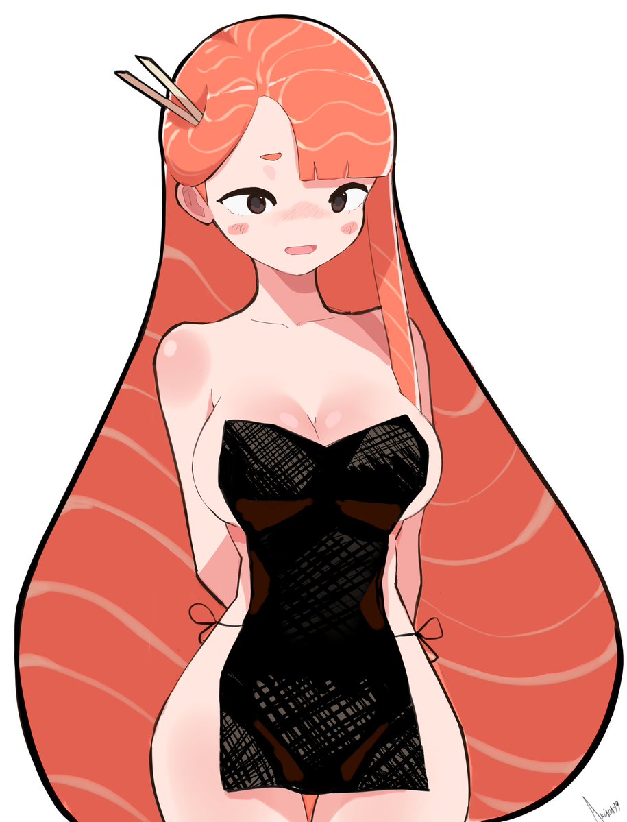 akisas99 apron apron_only big_breasts blush breast breasts brown_eyes hands_behind_back large_breasts long_hair no_bra orange_hair original sashimi_(character)