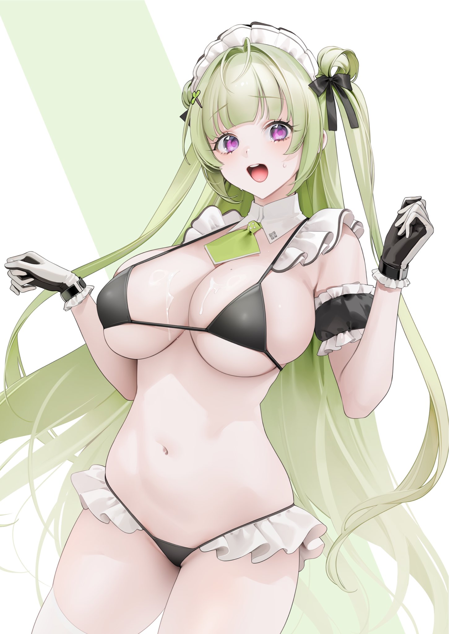 bikini, bowtie, breasts, cum, cum splatter, cum stain, female, gloves, goddess of victory: nikke, huge breasts, imlllsn, maid, maid headdress, micro bikini, ohisashiburi, shocked, simple background, soda (nikke), sweatdrop, swimsuit