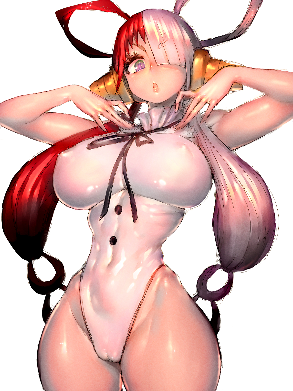 1girls, breasts, female, female only, fumio (rsqkr), hair over one eye, hips, huge breasts, large breasts, leotard, light skin, light-skinned female, long hair, multicolored hair, one piece, one piece film red, purple eyes, red hair, red-haired female, simple background, skinny, slim waist, thick thighs, thighs, toned, toned female, two-tone hair, uta (one piece), white hair, white-haired female, wide hips