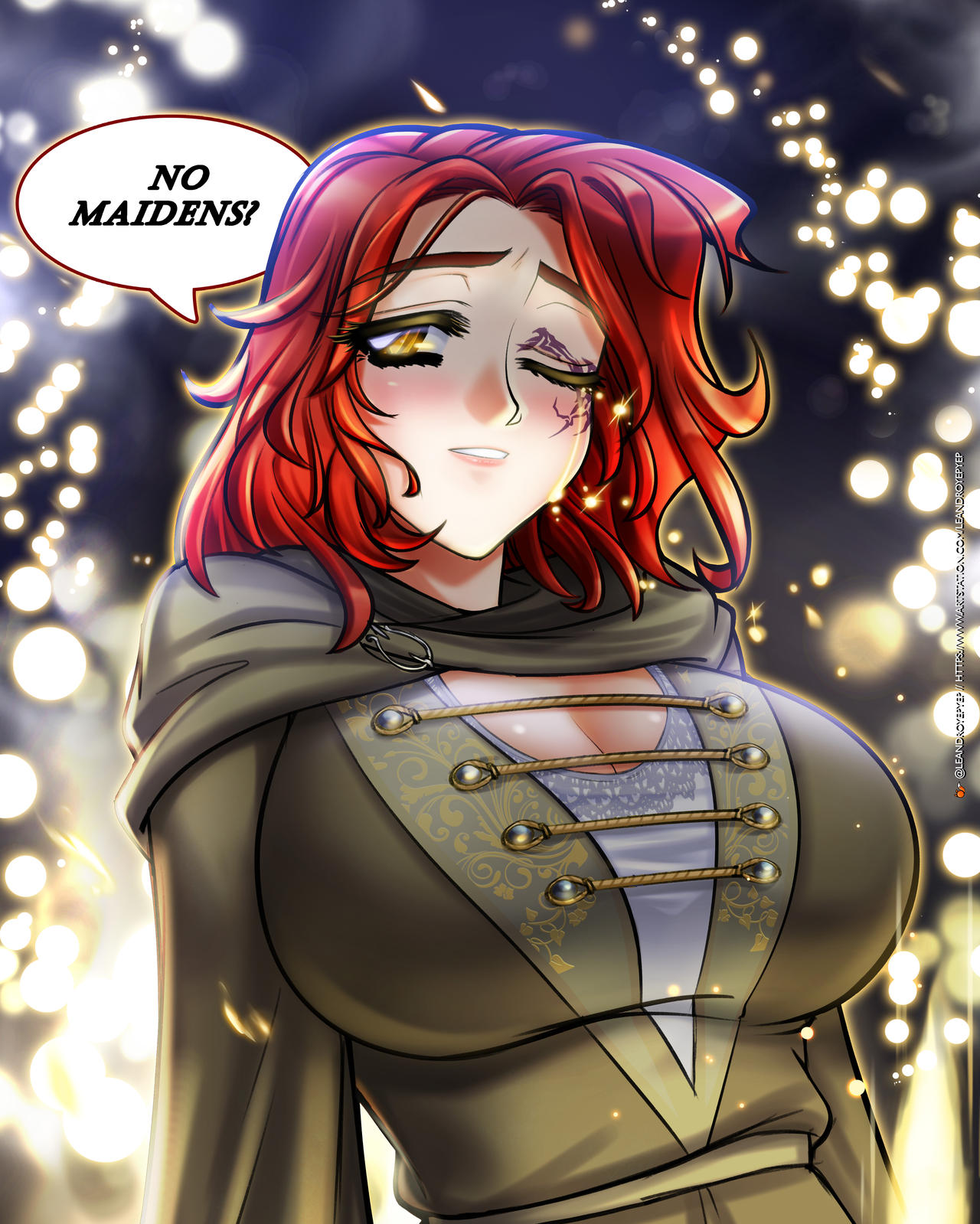 big breasts, breasts, cleavage, elden ring, female, female only, fromsoftware, leandroyepyep, maidenless, melina (elden ring), no bitches? (meme)