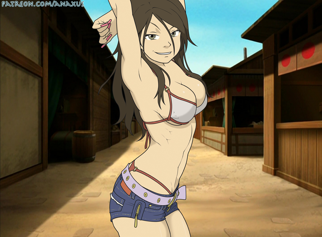 alternate costume, alternate hairstyle, anaxus, armpits, arms behind head, avatar the last airbender, big breasts, breasts, female, g-string, jean shorts, nail polish, nails, outside, seductive, seductive look, short shorts, side view, smile, solo, solo female, standing, thong, thong bikini, thong underwear, traced, traced art, ty lee