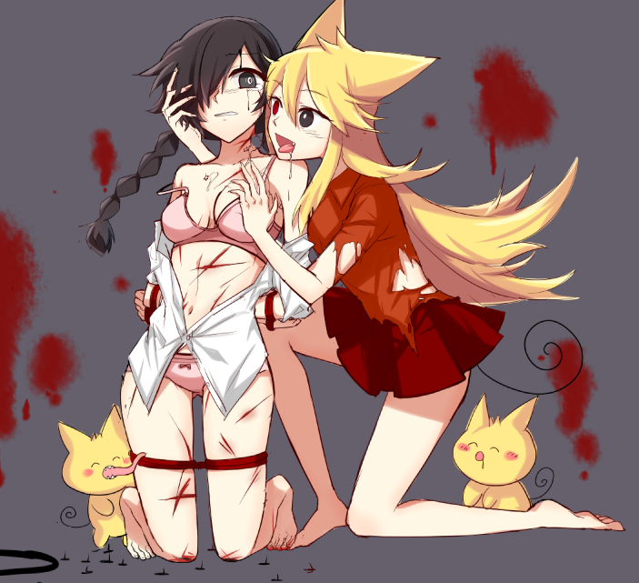 2014 2boys 2girls animal_ears animal_humanoid black_eyes black_hair blonde_hair blood bra breasts clenched_teeth color cuts female female_only funamusea heterochromia kneeling long_hair medium_breasts moge-ko mogeko mogeko_castle nails open_clothes open_eyes open_mouth pale_skin panties red_eyes savi_(byakushimc) skirt smaller_male tongue torn_clothes yonaka_kurai yuri