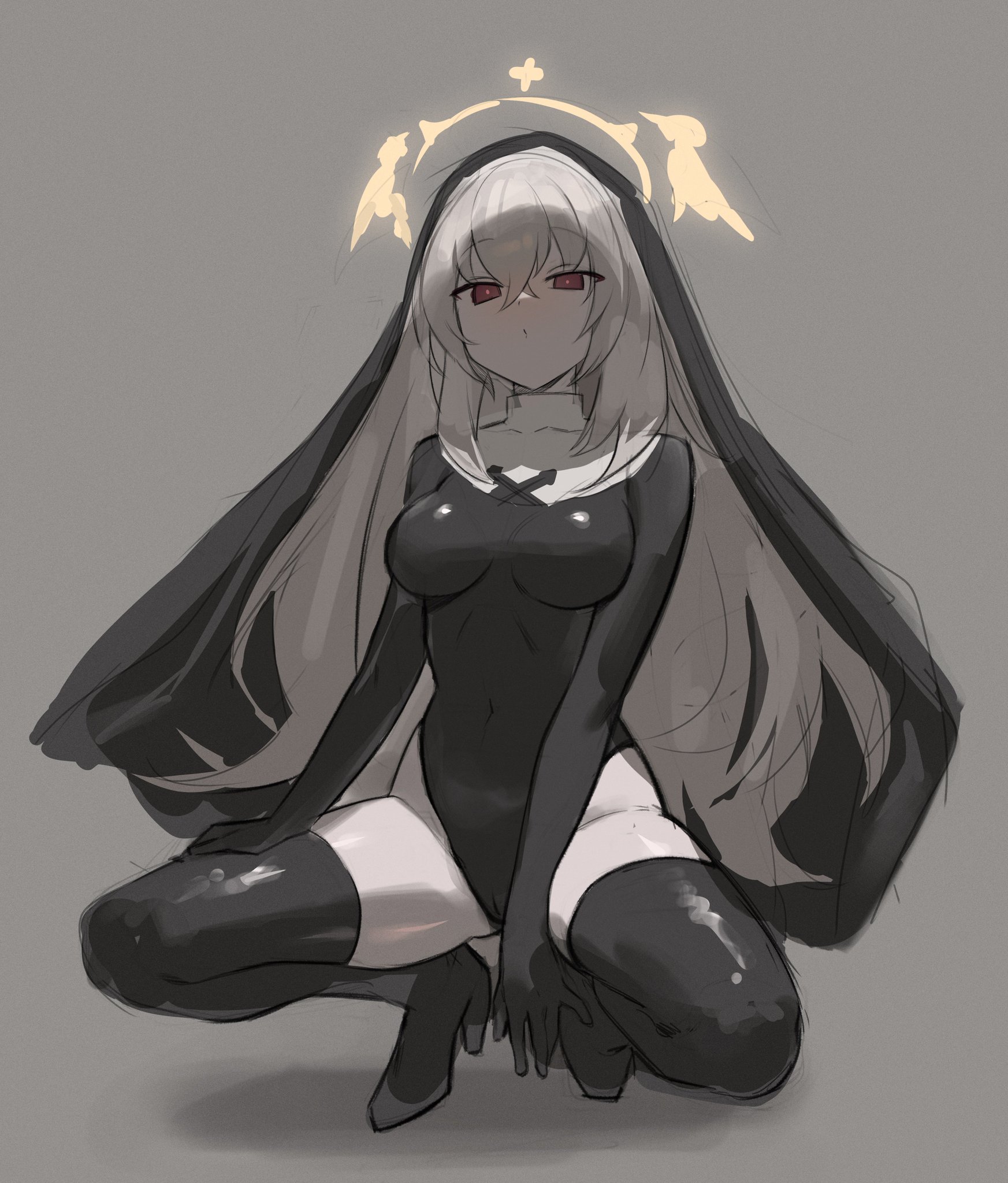 1girls, blue archive, clothed, clothing, female, female only, halo, leotard, light skin, light-skinned female, nun, nun's habit, red eyes, sakurako (blue archive), sisterhood (blue archive), squatting, thighhighs, trinity general school student, white hair, zutsuyaku (zutsuuyaku1)
