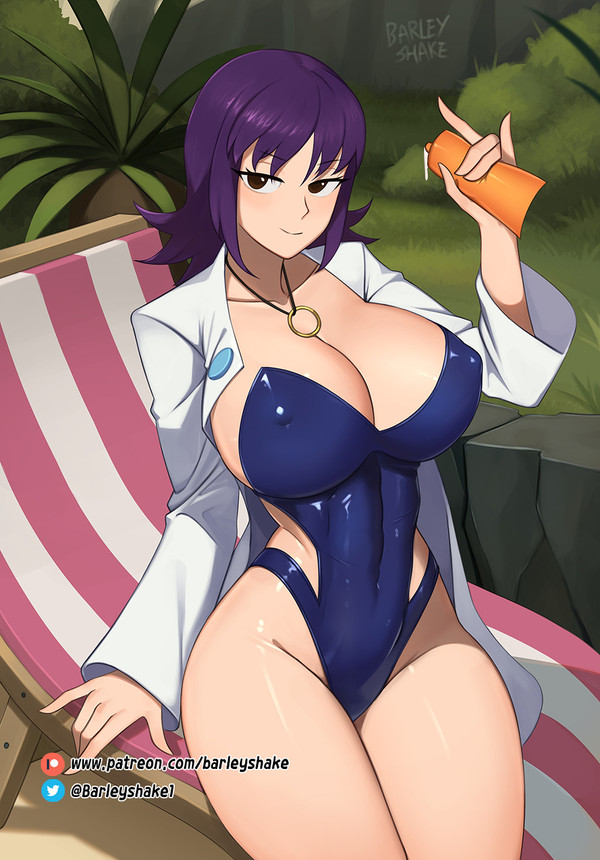 1girls barleyshake beach beach_chair breasts cleavage labcoat large_breasts nipple_bulge philena_ivy pokemon purple_hair solo swimsuit swimwear