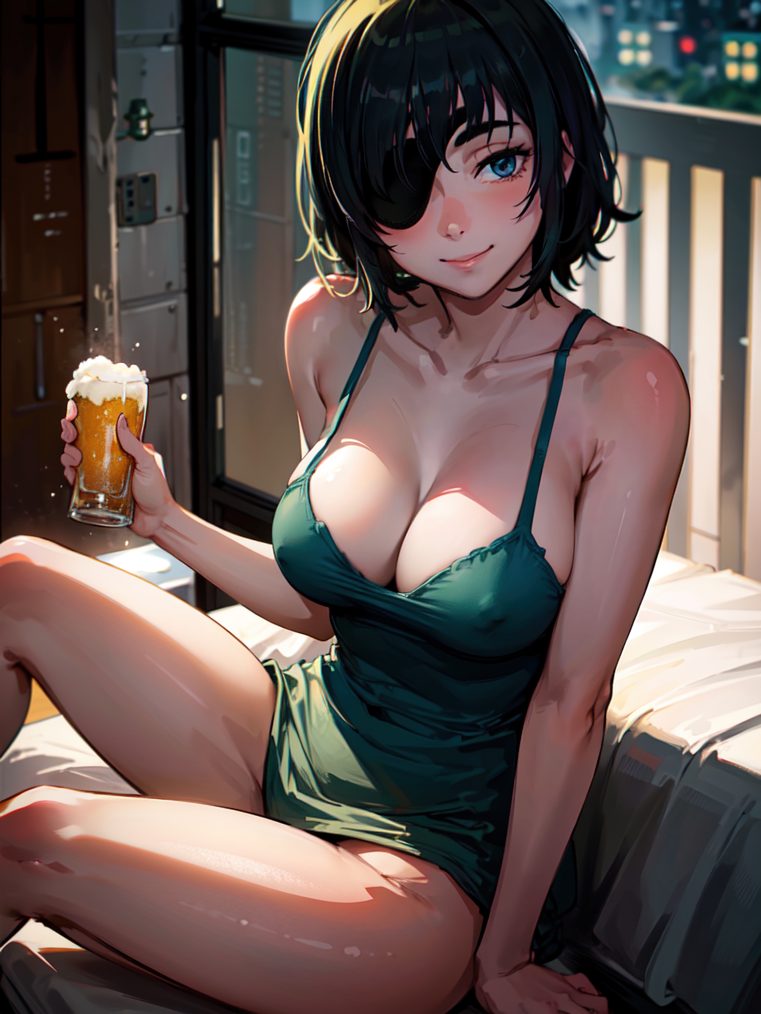 1girls, ai generated, beer, big breasts, breasts, chainsaw man, cleavage, diginsugar, eyepatch, female, female only, himeno (chainsaw man), light skin, light-skinned female, lingerie, looking at viewer, mappa