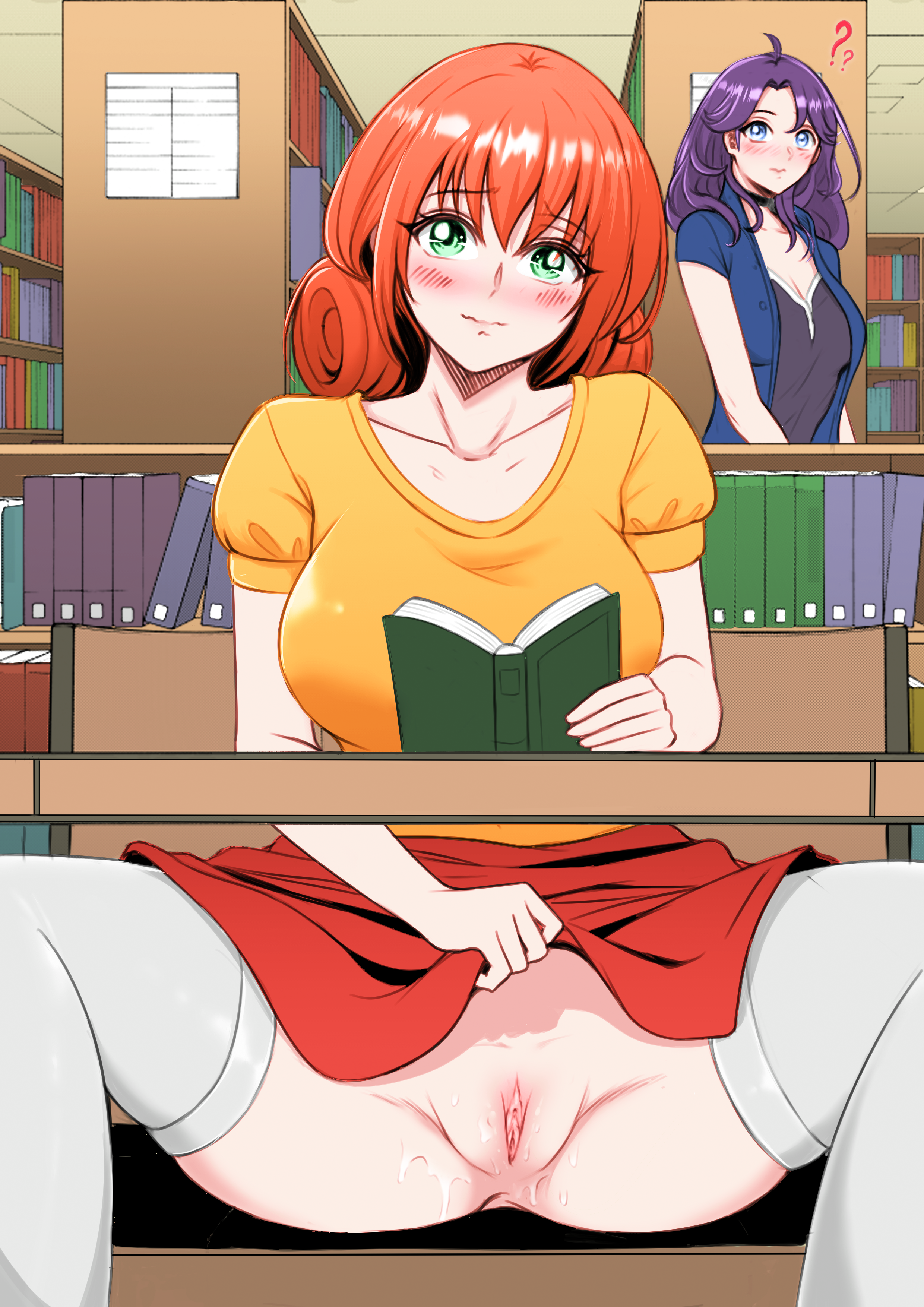 2girls, female, flashing pussy, mushymushy desu, no panties, no underwear, penny (stardew valley), public exposure, pussy, satansoft1, skirt lift, stardew valley, under table, vagina, wet pussy