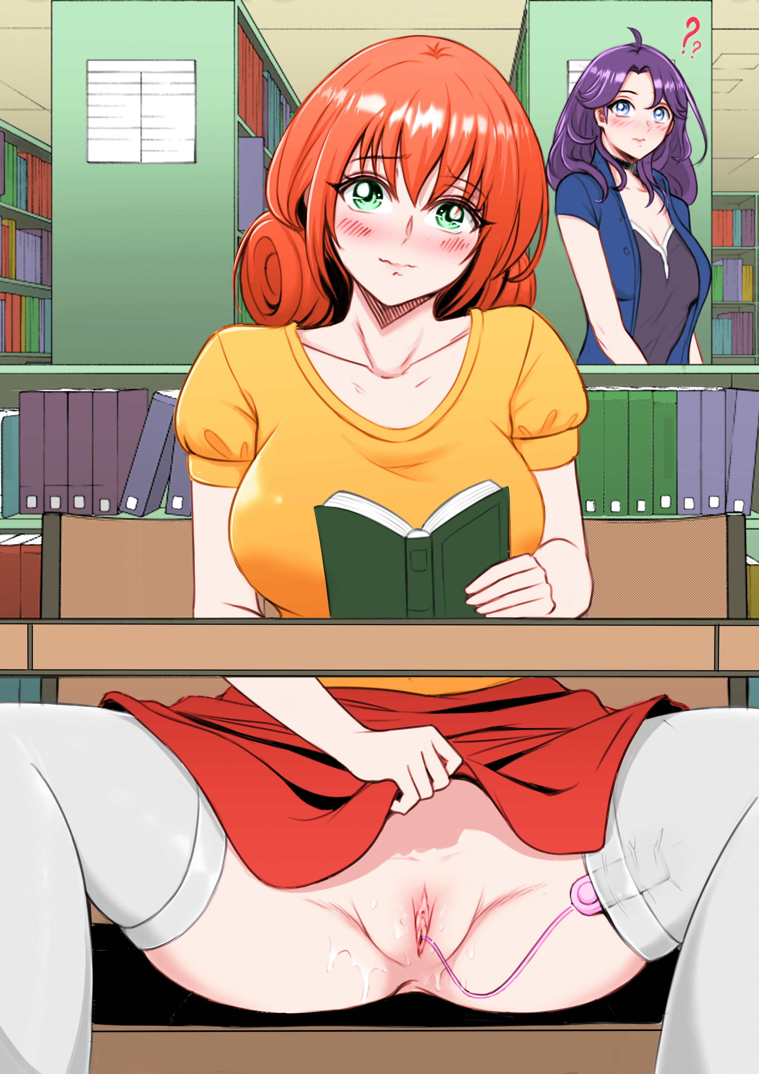 blush, choker, cleavage, clothed, embarrassed, exhibitionism, female, library, looking at viewer, masturbation, mushymushy desu, penny (stardew valley), public, public masturbation, pussy, reading, red hair, satansoft1, smile, smiling, stardew valley, thighhighs, under the table, upskirt, vagina, vibrator