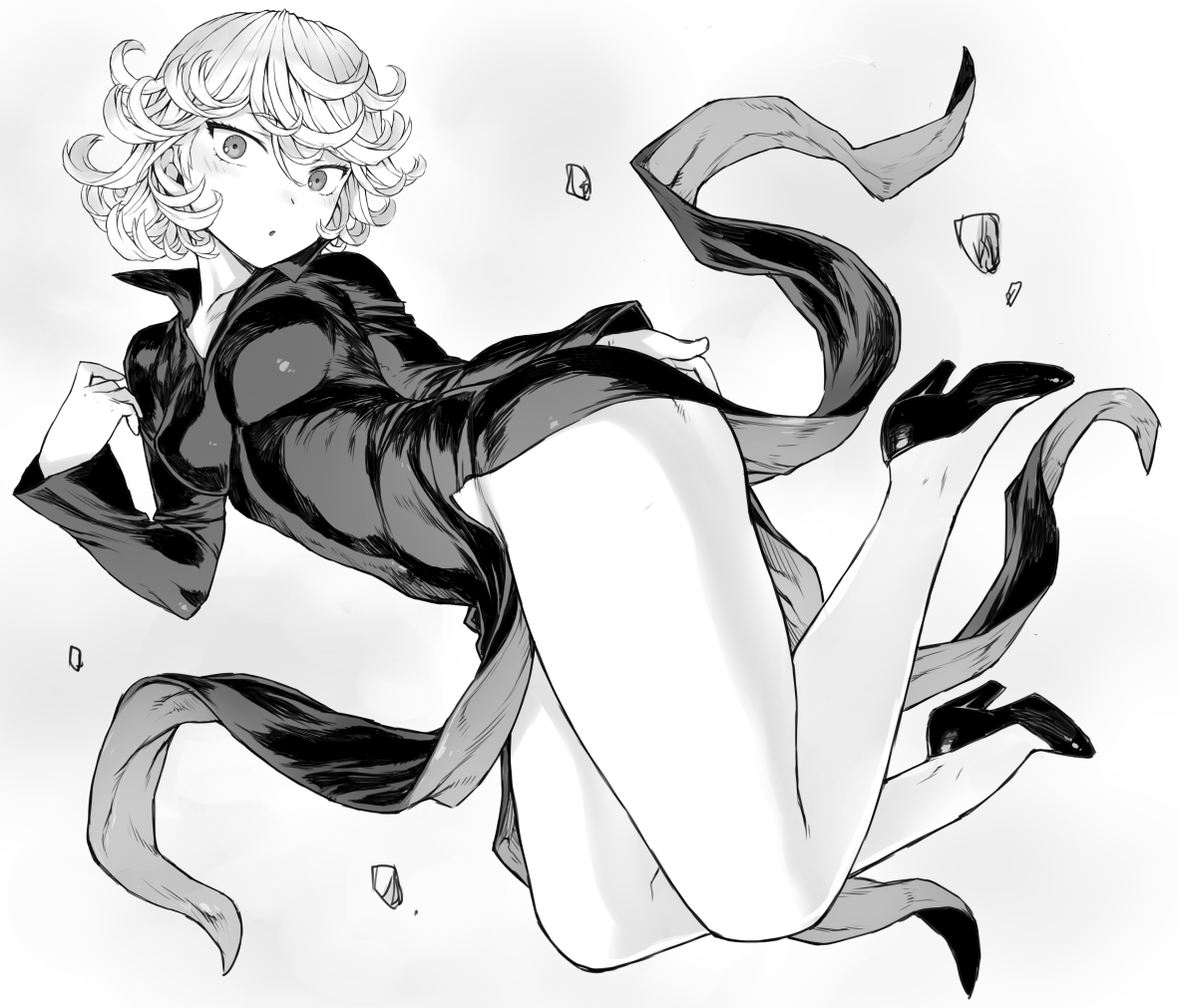 1girls, black and white, dress, female, legs, looking at viewer, mogudan, monochrome, one-punch man, solo, tatsumaki, tight clothing