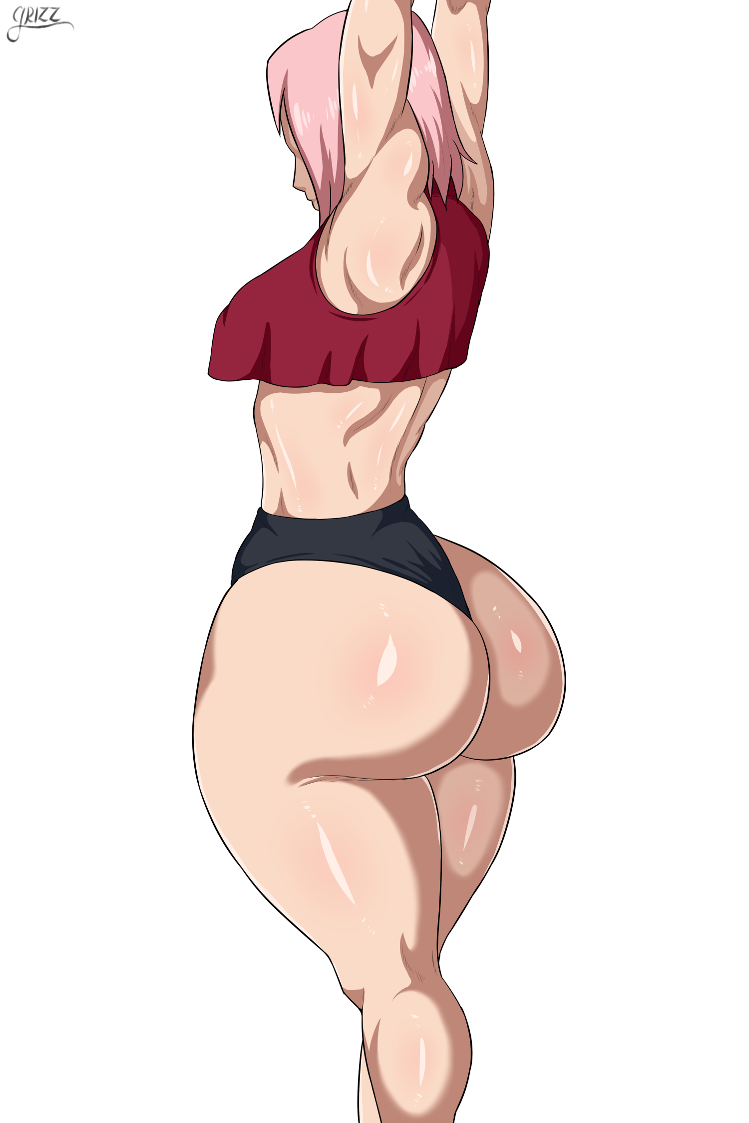 1girls, adapted costume, arms up, ass, ass bigger than head, ass focus, back view, bare legs, barely clothed, big ass, bloomers, blouse, bottom heavy, breasts, bubble ass, bubble butt, buruma, crop top, faceless female, fat ass, female, female only, from behind, grizzlyart, huge ass, large ass, legs together, massive ass, mostly nude, naruto, naruto (series), naruto shippuden, rear view, revealing clothes, sakura haruno, shoulder length hair, sleeveless, slim waist, small breasts, solo, solo focus, standing, stretching, thick ass, voluptuous, wide hips