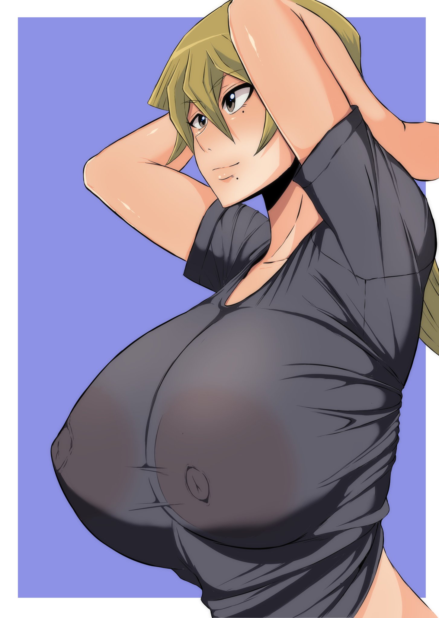 alexis rhodes, armpits, blonde hair, breasts, erection, female, hands behind head, huge breasts, large breasts, mucc, nipples, nipples visible through clothing, tight clothing, voluptuous, yu-gi-oh!, yu-gi-oh! gx