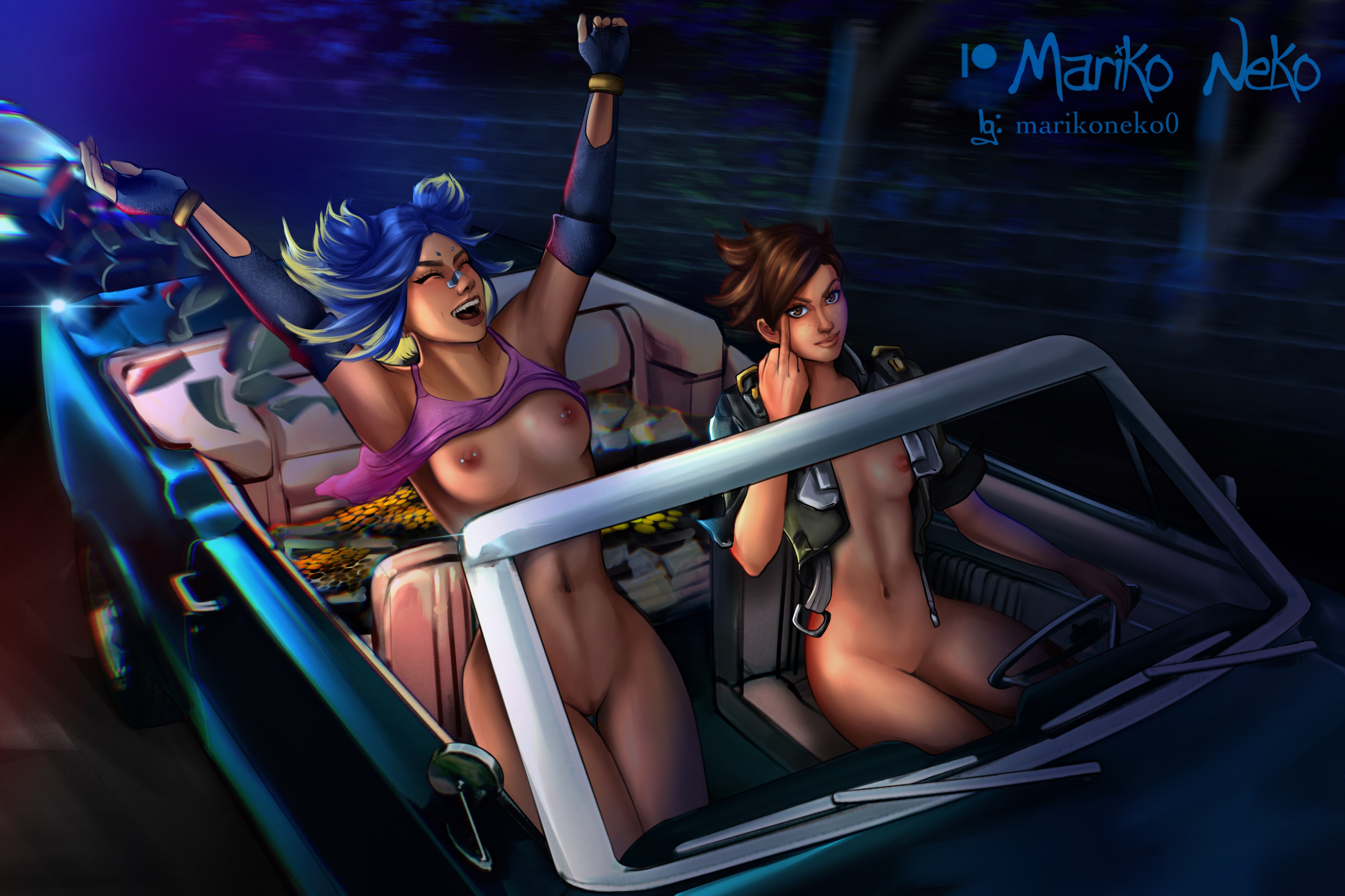 2girls, almost naked, almost nude, blizzard entertainment, breasts, car, crossover, female, gold (metal), marikoneko, marikoneko0, middle finger, money, multiple females, multiple girls, neon (valorant), nipple piercing, nipples, overwatch, overwatch 2, piercing, pussy, riot games, tracer, tracer (overwatch 2 suit), valorant