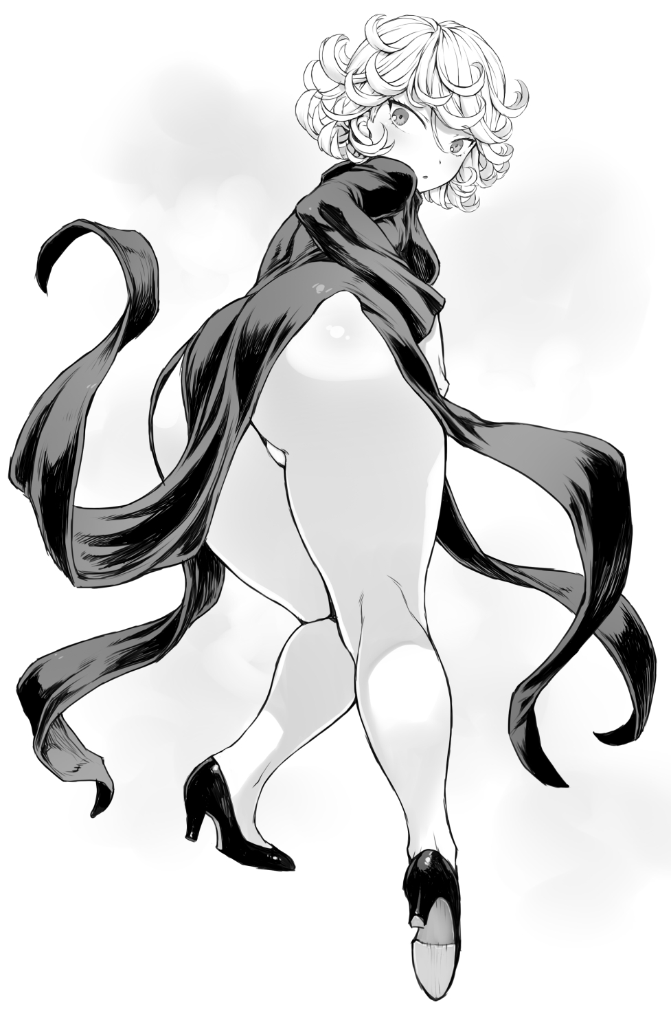 1girls, ass, ass focus, dress, female, greyscale, high heels, looking at viewer, looking back, mogudan, monochrome, one-punch man, panties, solo, tatsumaki, thick thighs, thong, wide hips
