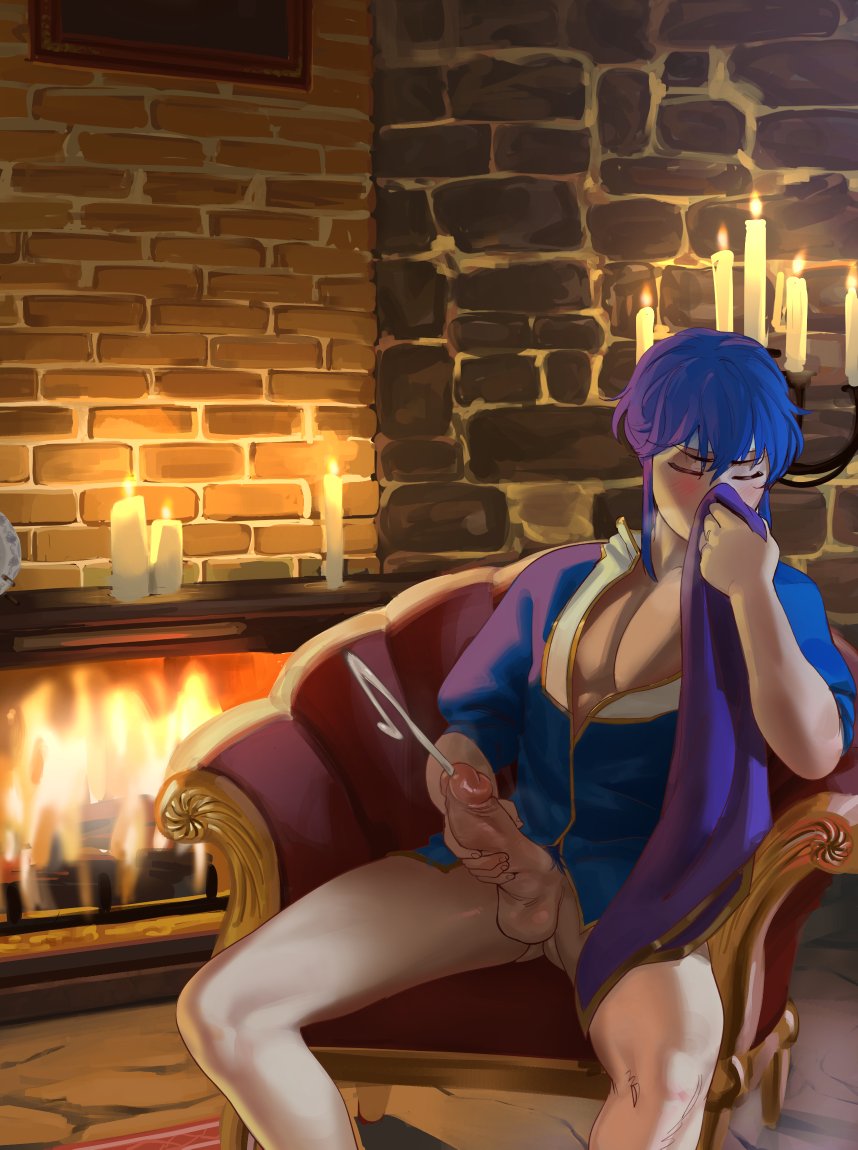 1boy athosart blue_hair blue_pubic_hair blush bottomless candle chair closed_eyes clothed_masturbation commission commissioner_upload cum erection fire_emblem fire_emblem:_genealogy_of_the_holy_war fireplace headband male male_masturbation male_only masturbation nintendo pectoral_cleavage pectorals penis seliph_(fire_emblem) smelling smelling_clothes steam testicles