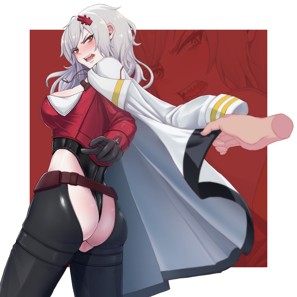 1girls, angry, artist request, ass, belt, blush, breasts, chaps, coat, coat tug, cropped jacket, disembodied hand, embarrassed, female, female only, from behind, gloves, goddess of victory: nikke, hair ornament, hairclip, hi res, jacket on shoulders, large breasts, leotard, light skin, light-skinned female, long hair, looking back, open mouth, sharp teeth, sideboob, solo focus, teeth, thong, thong leotard, white hair, yellow eyes, yulha