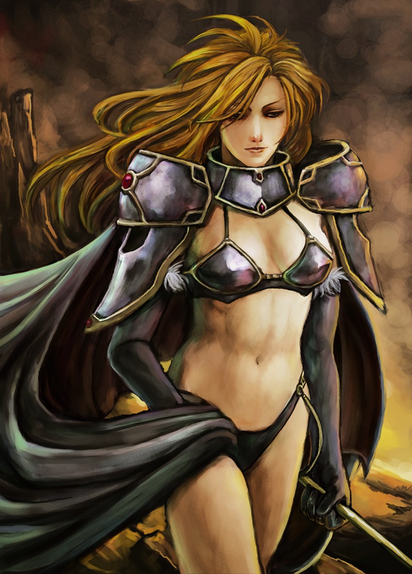 2009 armor bikini_armor blonde_hair brandish_(game) brown_eyes cape dela_delon elbow_gloves famicom female gloves hamoto hi_res lips long_hair midriff navel photoshop polearm solo staff tagme weapon