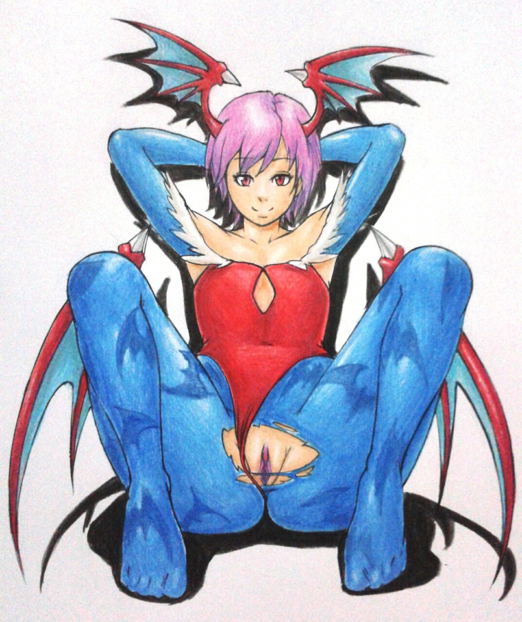 1girls 2016 ass blue_pantyhose clothing darkstalkers flat_chest lilith_aensland pantyhose pussy revtilian succubus torn_clothes torn_pantyhose traditional_media_(artwork)