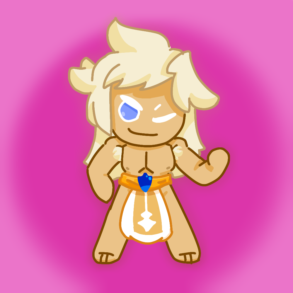 1boy 2021 2d blonde_hair cookie cookie_run cookie_run_kingdom digital_art digital_drawing_(artwork) digital_media_(artwork) long_hair madeleine_cookie male male_focus male_only pelvic_curtain rainingstars simple_background smile smiling solo solo_focus solo_male topless wink winking