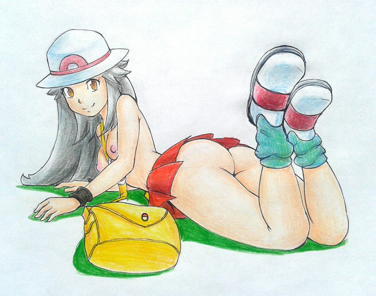 1girls, 2014, ass, bag, breasts, casual, clothing, female, footwear, human, leaf (pokemon), looking at viewer, lying on stomach, nipples, no panties, pale skin, pokemon, revtilian, skirt, topless, traditional media (artwork)
