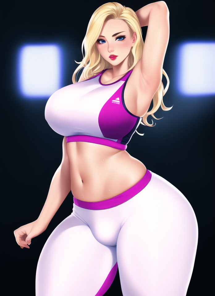 1futa, ai generated, arm behind head, arm up, armpit, ass, blonde hair, blue eyes, blush, breasts, bulge, curvy, female, futanari, hyper thighs, implied futa, intersex, large ass, large breasts, lips, long hair, looking at viewer, massive thighs, milf, navel, novelai, original, red lipstick, solo, sports bra, stable diffusion, standing, sweat, sweatpants, thick thighs, thunder thighs, voluptuous, window