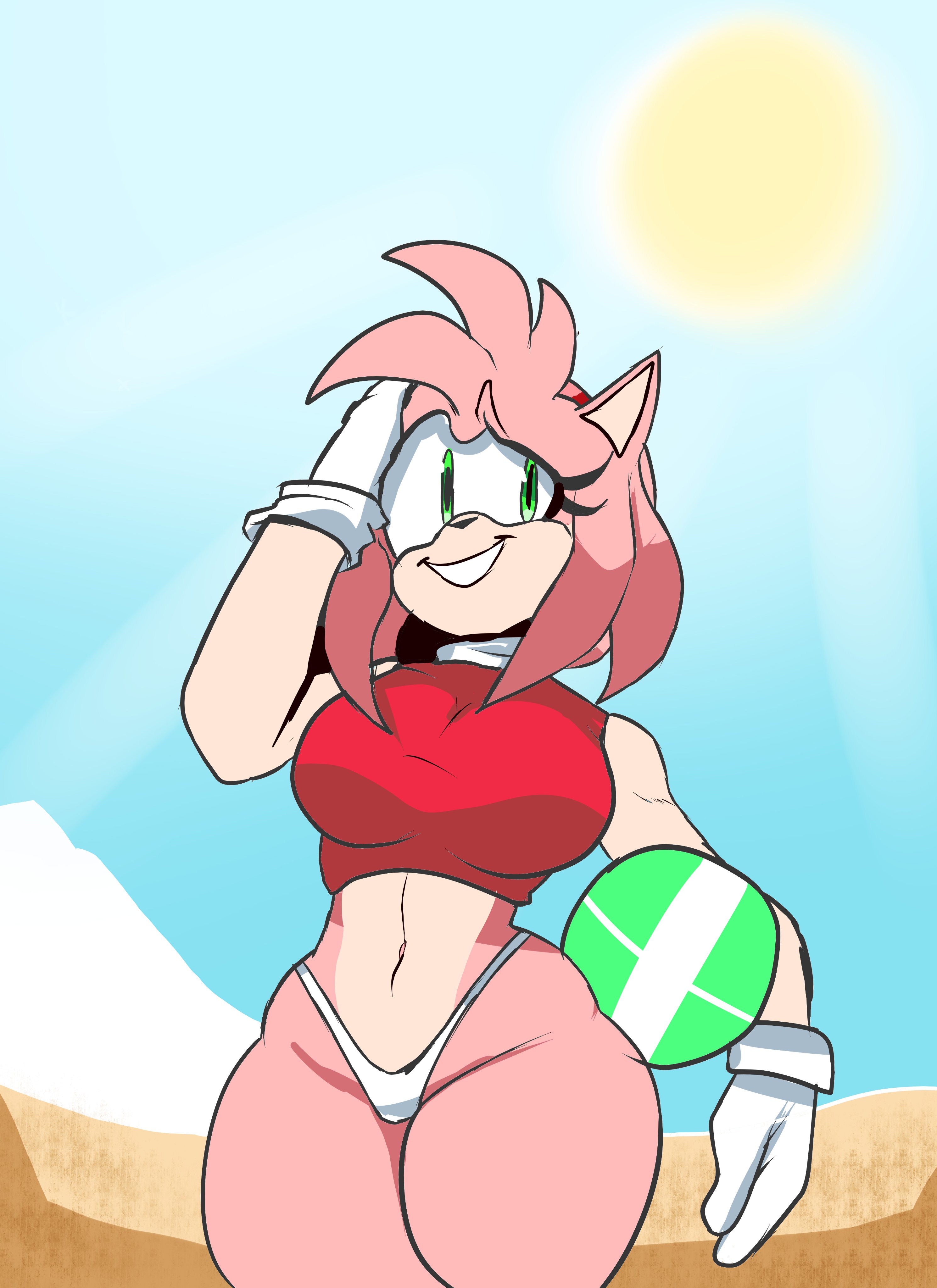 1girls, amy rose, beach, beach ball, big breasts, bikini bottom, breasts, female, female focus, female only, green eyes, sega, smile, sonic (series), sonic the hedgehog (series), susknuckles, tagme