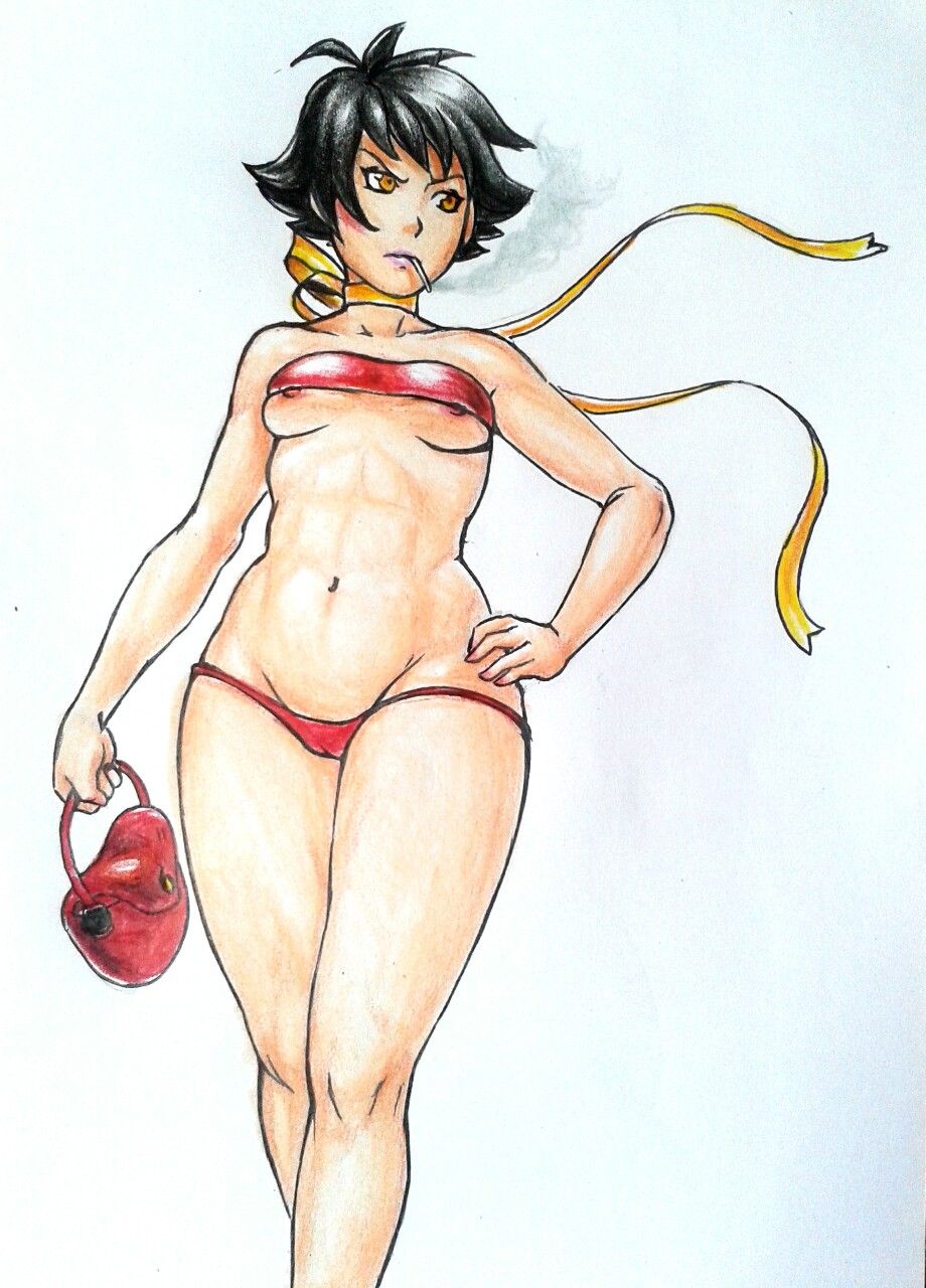 1girls 2014 breasts cameltoe dark_hair female female_only makoto_(street_fighter) navel nipple_slip nipples panties purse revtilian solo street_fighter tomboy traditional_media_(artwork) underboob