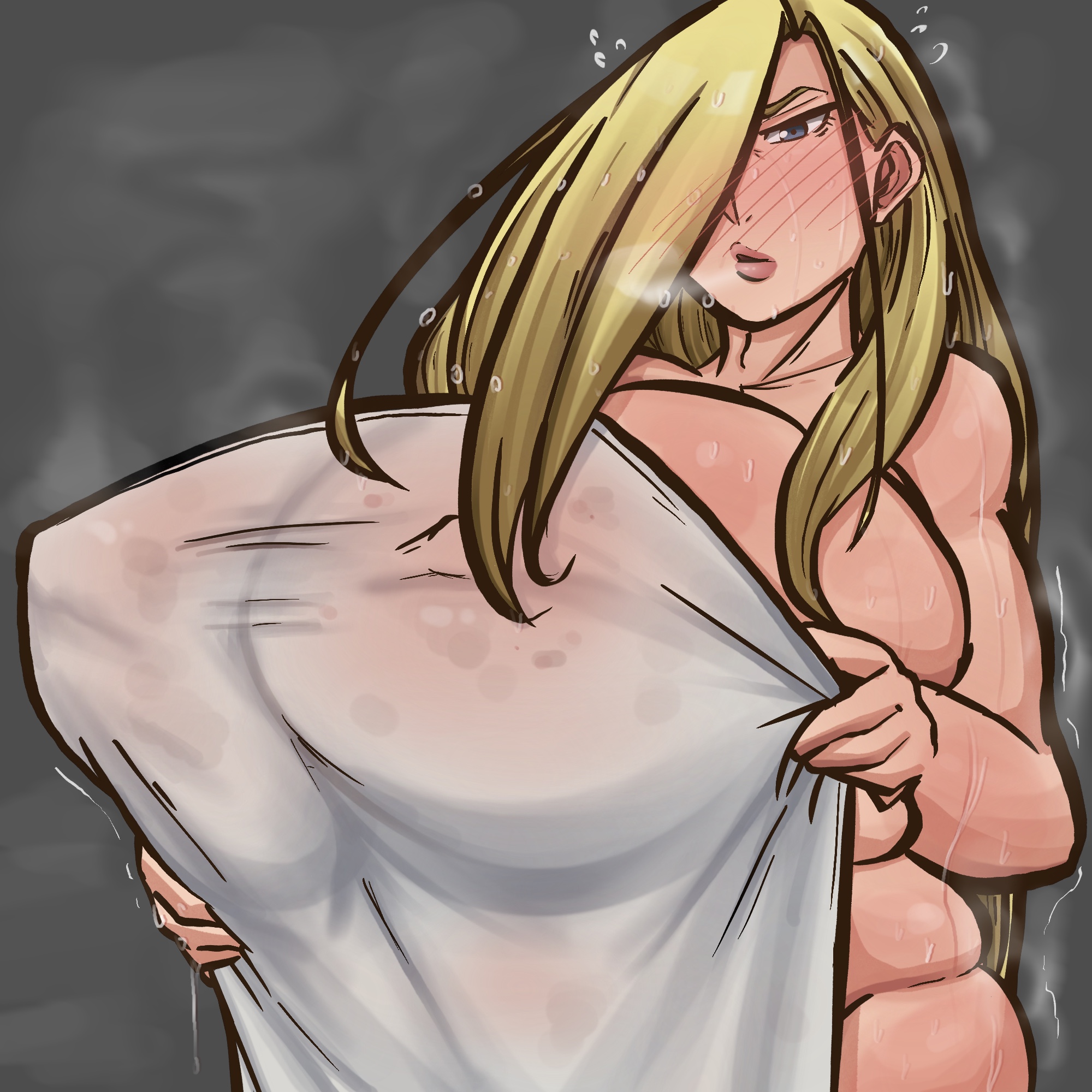 areolae, bbw, belly, big breasts, blonde female, blonde hair, blue eyes, blush, breast press, breasts, busty, child bearing hips, female, female only, fullmetal alchemist, fullmetal alchemist brotherhood, gigantic breasts, hourglass figure, huge breasts, large breasts, light skin, light-skinned female, nipple bulge, nipples, olivier mira armstrong, omuko, pale skin, pale-skinned female, towel, towel only, venus body, voluptuous, wet, wet body, wet skin, wide hips