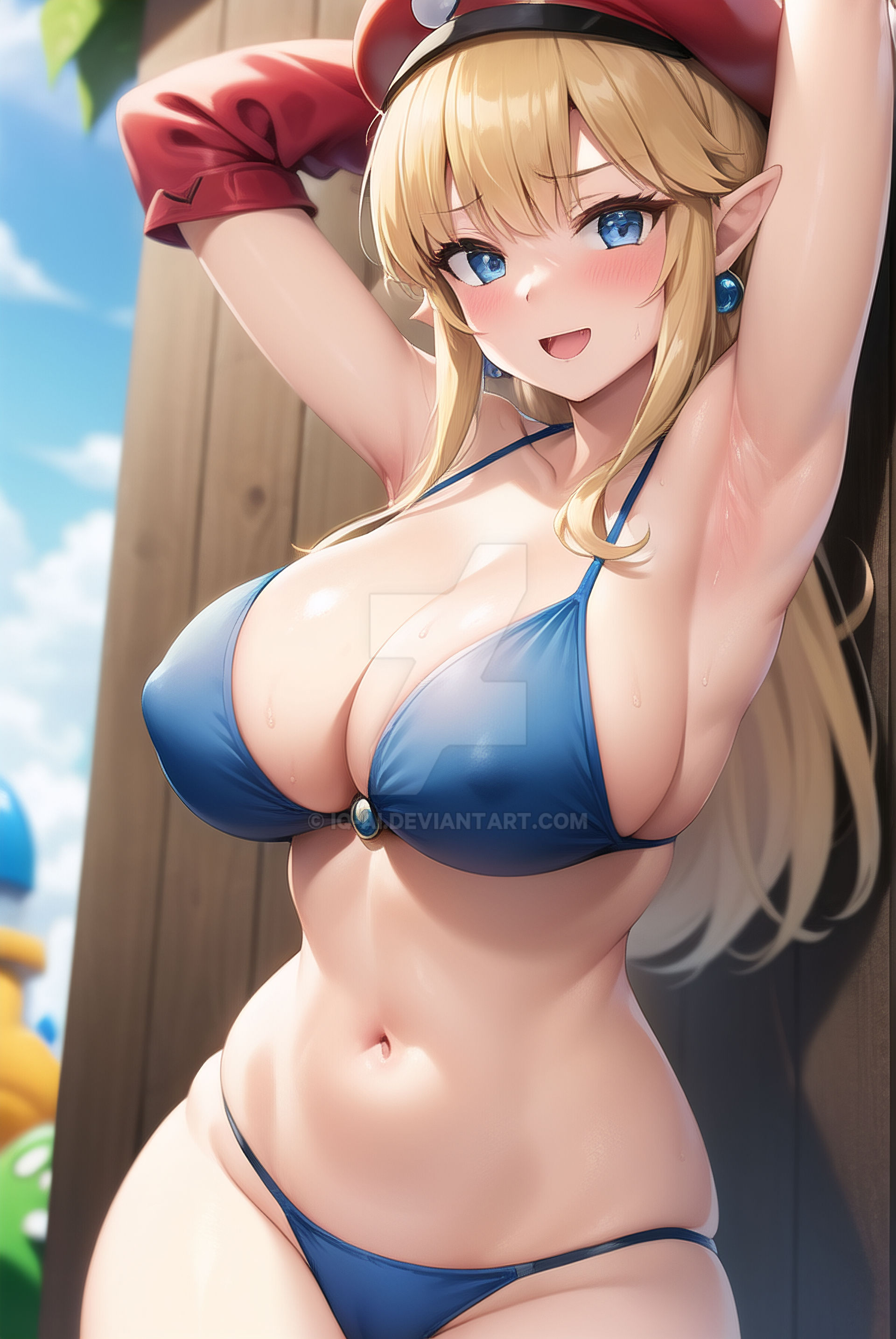 1girls, ai generated, armpits, arms behind head, beret, big breasts, blonde hair, blue eyes, blush, breasts, busty, cleavage, elf, female, female only, large breasts, legs, long hair, looking at viewer, navel, nintendo, pointy ears, pose, posing, princess, princess zelda, sensual, sexy armpits, smile, the legend of zelda, thighs, voluptuous, watermark