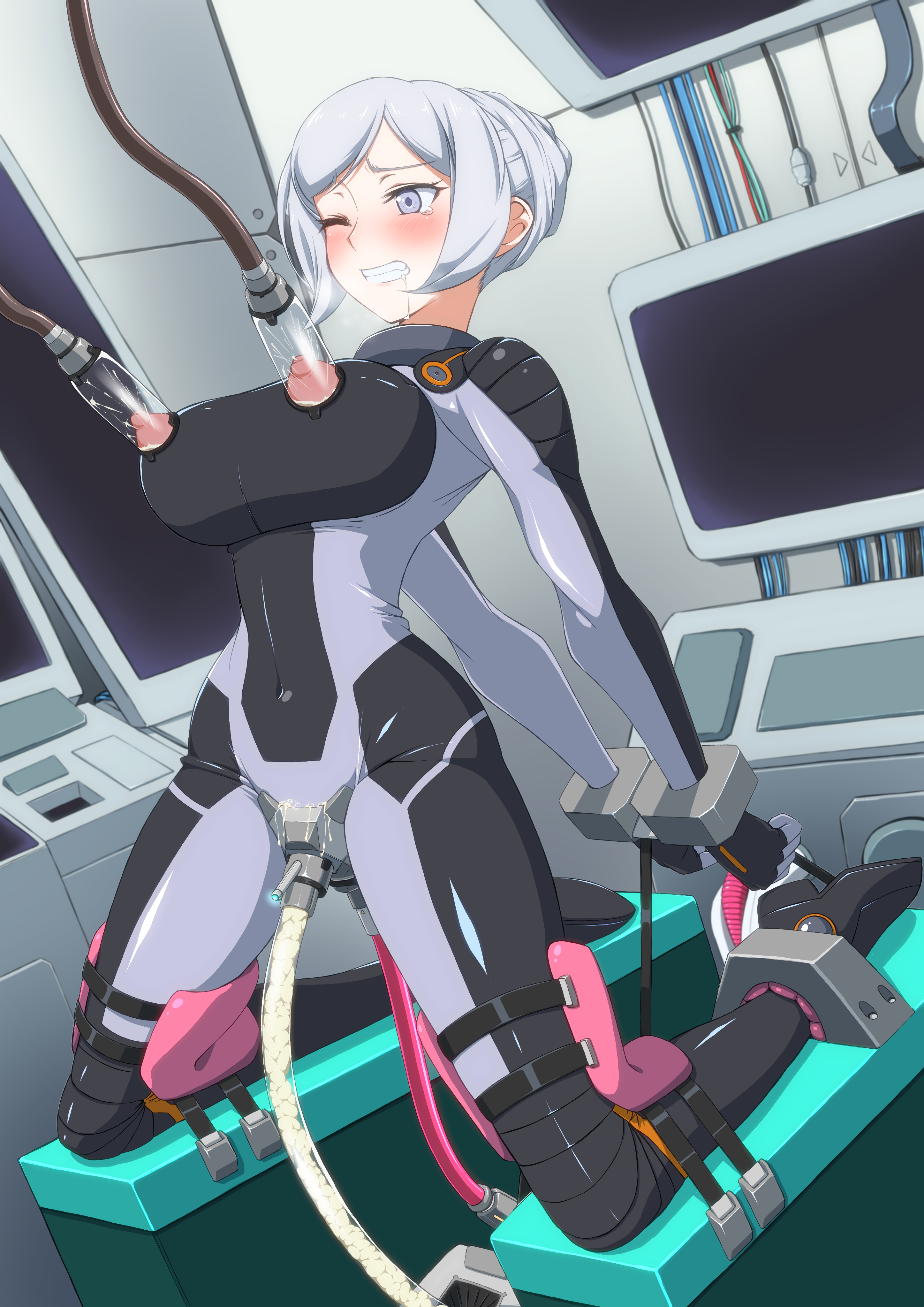 1girls, aila jyrkiainen, blush, bodysuit, breasts, cuffs, cum, cum in pussy, drooling, female, female only, grey eyes, gundam, gundam build fighters, handcuffs, hi res, kneeling, lactation, machine, milk, milking machine, nipples, one eye closed, pussy, restrained, restraints, saliva, skin tight, solo, tears, tight clothing, white hair