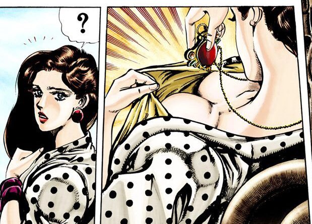 1girls battle_tendency blue_eyes breasts brown_hair female hirohiko_araki jojo's_bizarre_adventure jojo_reference lisa_lisa long_hair looking_at_viewer looking_back manga manga_style milf necklace necklace_between_breasts solo