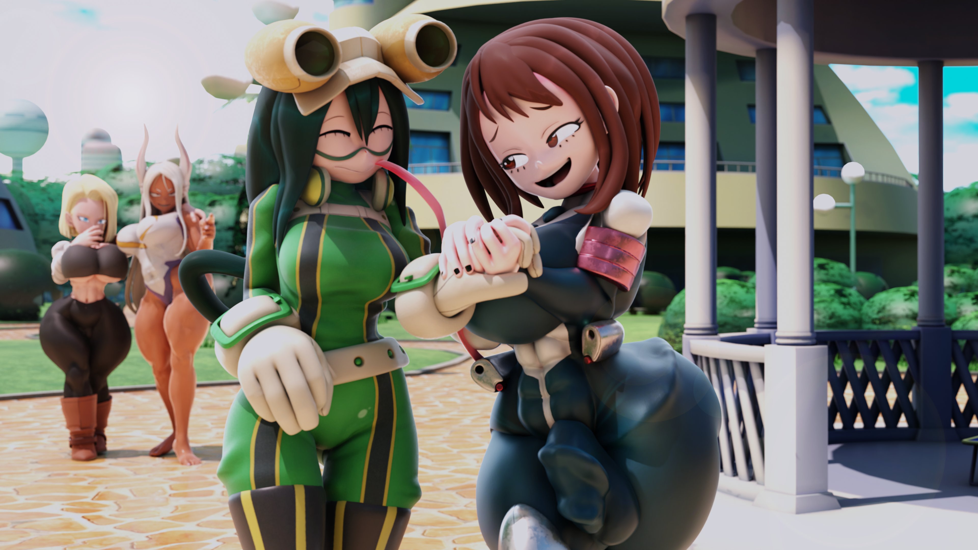 1futa, 3d, 3girls, android 18, balls, big breasts, blender, blender (software), blonde hair, breasts, brown eyes, brown hair, crossover, dark skin, dark-skinned female, dragon ball, dragon ball z, female, full-package futa, fully clothed, futa with female, futanari, green hair, hero outfit (mha), holding hands, huge breasts, intersex, large breasts, latex, long hair, long tongue, miruko, my hero academia, neenbeanmachine, ochako uraraka, ochako uraraka (hero outfit), outdoors, penis, public, rumi usagiyama, short hair, testicles, thick, thick thighs, thighs, tongue, tongue out, tonguejob, tsuyu asui, white hair