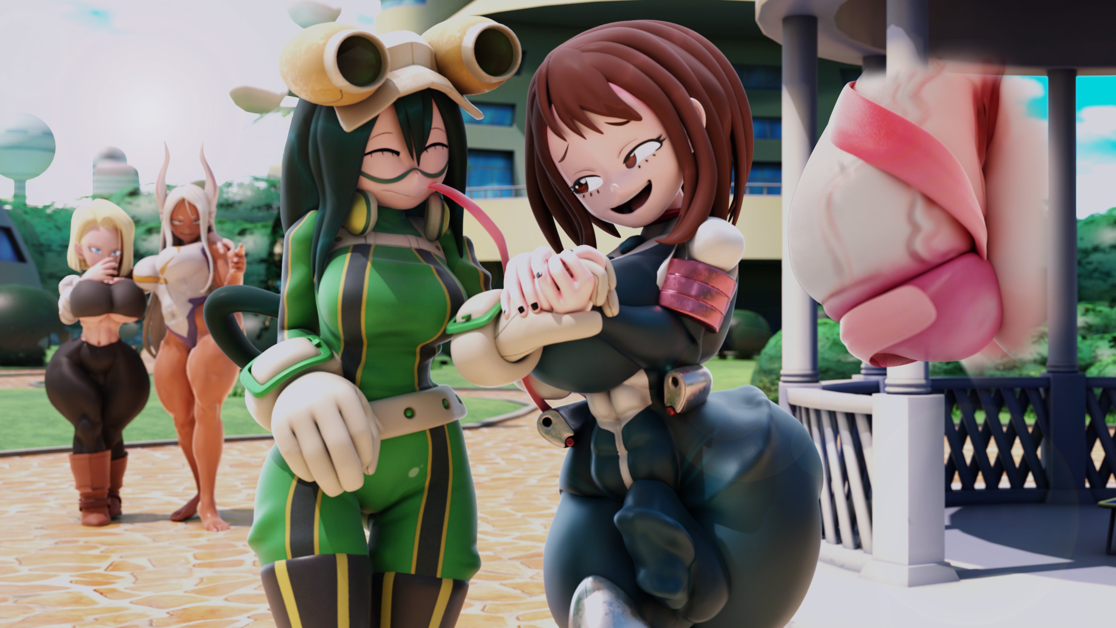 1futa, 3d, 3girls, android 18, balls, big breasts, blender, blender (software), blonde hair, breasts, brown eyes, brown hair, circumcised, crossover, dark skin, dark-skinned female, dragon ball, dragon ball z, female, full-package futa, fully clothed, futa with female, futanari, green eyes, green hair, hero outfit (mha), holding hands, huge breasts, intersex, large breasts, large penis, latex, long hair, long tongue, miruko, my hero academia, neenbeanmachine, ochako uraraka, ochako uraraka (hero outfit), outdoors, penis, public, rumi usagiyama, short hair, testicles, thick, thick thighs, thighs, tongue, tongue out, tonguejob, tsuyu asui, white hair