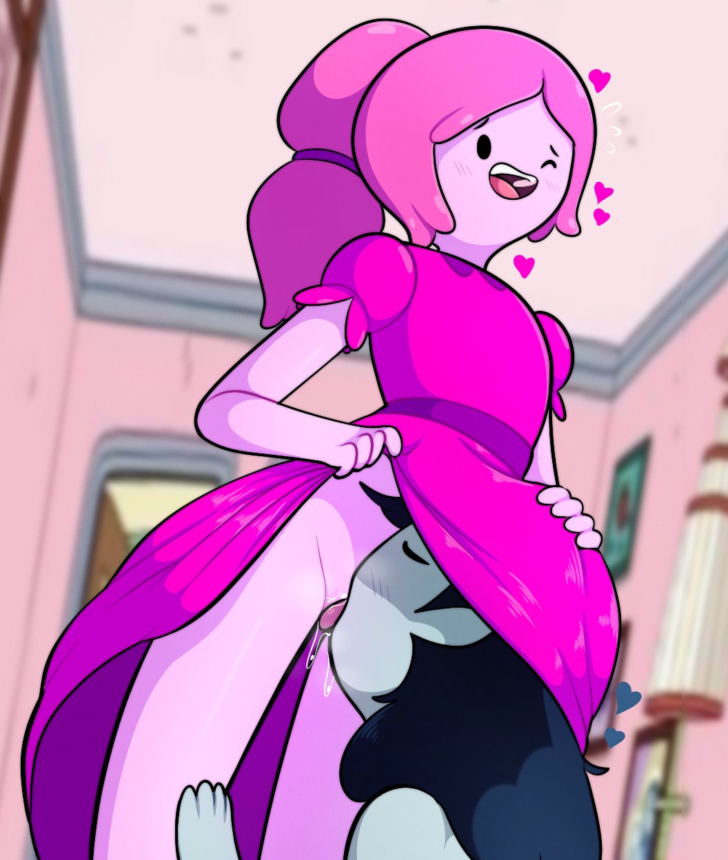 2d, 2girls, adventure time, black eyes, black hair, blush, blush lines, canon couple, cartoon network, cunnilingus, dress, dress lift, eating pussy, female, female focus, female on female, female only, female/female, gametimeasia, grey body, grey skin, hand on head, heart, hearts around head, hiding in dress, implied cunnilingus, licking, looking pleasured, marceline, marceline abadeer, marceline the vampire queen, multiple females, multiple girls, one eye closed, oral, oral sex, pink body, pink hair, pink skin, pink-skinned female, pleasure face, ponytail, princess bubblegum, pussy, saliva, saliva drip, tagme, under dress, yuri