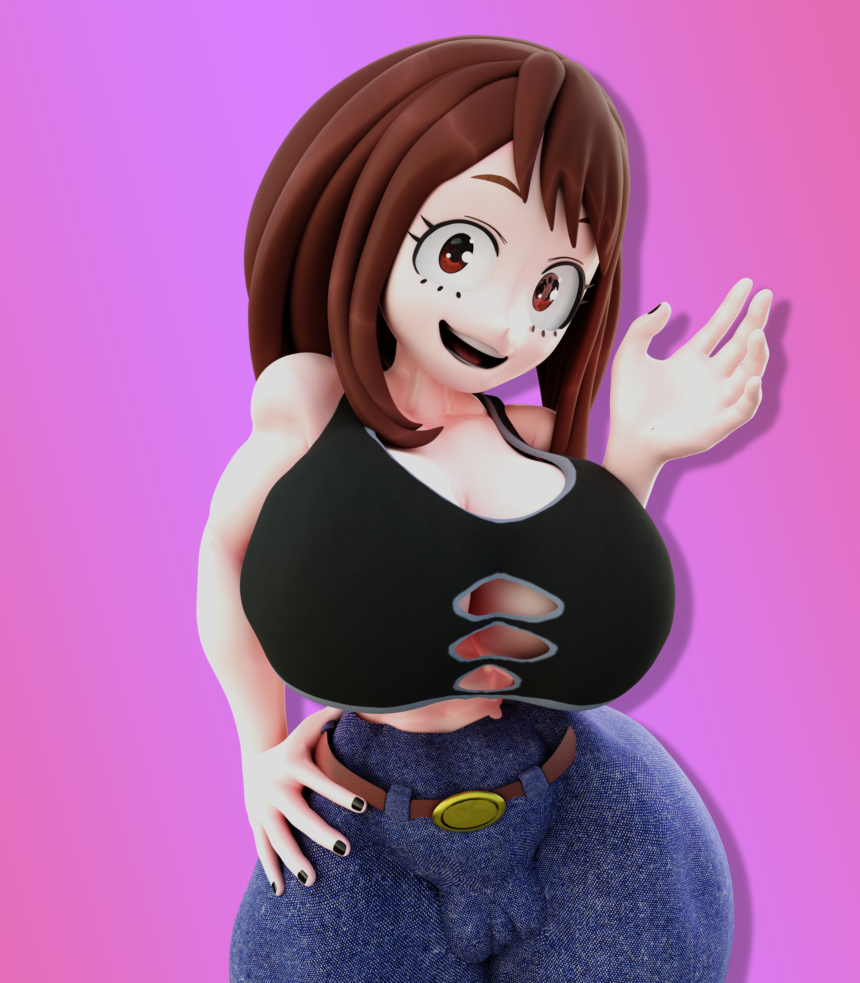 1girls, 3d, big breasts, blender, blender (software), breasts, brown hair, cameltoe, cleavage, clothed, clothing, denim, denim bottomwear, denim clothing, denim jeans, female, huge breasts, jeans, large breasts, my hero academia, neenbeanmachine, ochako uraraka, pussy, short hair, solo, solo female, solo focus, tank top, thick, thick thighs, thighs