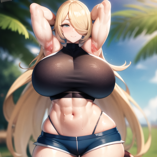 1girls, abs, ai generated, armpits, arms up, bare arms, bare legs, bare midriff, bare shoulders, bare thighs, biceps, black crop top, black tank top, blonde hair, blue shorts, breasts, crop top, cynthia (pokemon), dolphin shorts, female, game freak, hair over one eye, huge breasts, long hair, looking at viewer, midriff, midriff baring shirt, muscles, muscular, muscular arms, muscular female, nintendo, pokemon, pokemon dppt, short shorts, shorts, smiling, smiling at viewer, stable diffusion, steam, steaming body, sweat, tank top, thick thighs, thighs, turtleneck, voluptuous, voluptuous female, whale tail, wide hips