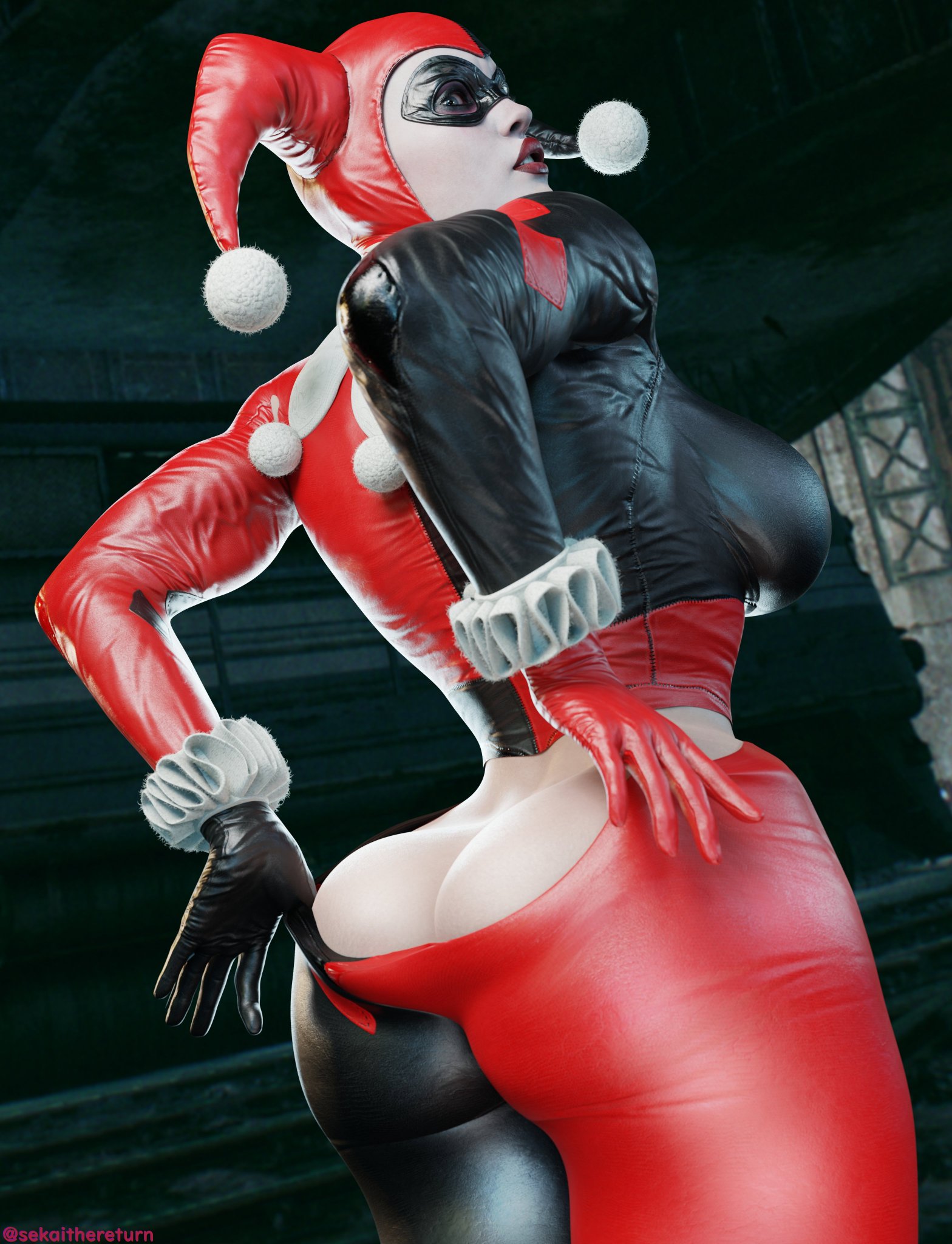 1girls, 3d, 3d (artwork), ass, ass cleavage, ass crack, athletic, athletic female, batman (series), batman: arkham knight, big ass, big breasts, breasts, bubble butt, busty, butt crack, dc, dc comics, eyes, female, female focus, female only, harley quinn, harley quinn (classic), harley quinn (injustice), hips, hourglass figure, huge ass, huge breasts, injustice 2, large ass, large breasts, legs, light skin, light-skinned female, lips, pulling down pants, sekaithereturn, showing off ass, solo, straight, supervillain, thick, thick legs, thick thighs, thighs, undressing, villain, villainess, voluptuous, wardrobe malfunction, wide hips