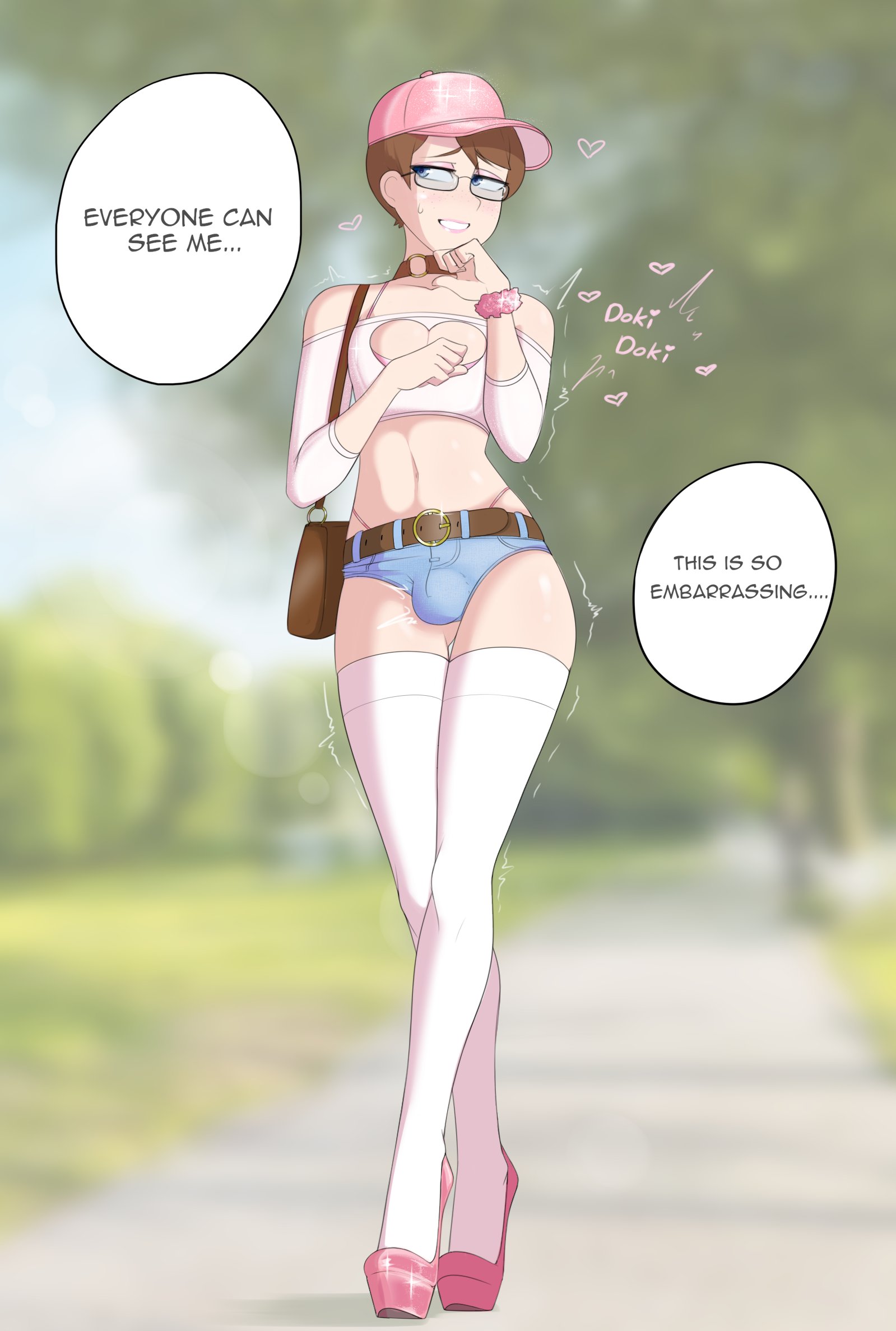1boy, bag, bare shoulders, baseball cap, blue eyes, brown hair, bulge, cap, clothed, clothing, crossdressing, denim shorts, dialogue, embarrassed, english text, femboy, femboy only, girly, glasses, handbag, hat, heart, high heels, male, minishorts, navel, outdoors, outside, public, sealguy, shoes, short hair, shorts, smile, solo, solo male, speech bubble, standing, text, thighhighs, wide hips