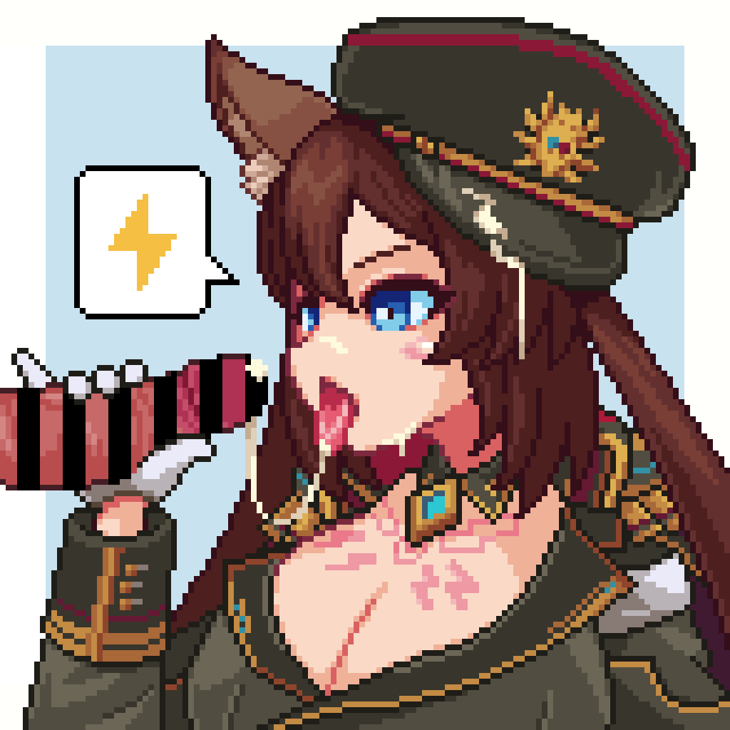 1boy 1girls bar_censor blue_eyes brown_hair caleen_keemosn choker cleavage commission cum cum_on_face cum_on_hat cum_string eyebrows_visible_through_hair female female_only fox_ear fox_girl fox_tail glove hair_ribbon handjob kemonomimi kitsunemimi licking_penis light-skinned_female light-skinned_male light_skin looking_at_penis military_hat military_uniform multiple_tails o2a1 open_mouth penis pixel_art runes star_ocean star_ocean_anamnesis tongue_out twintails very_long_hair white_glove