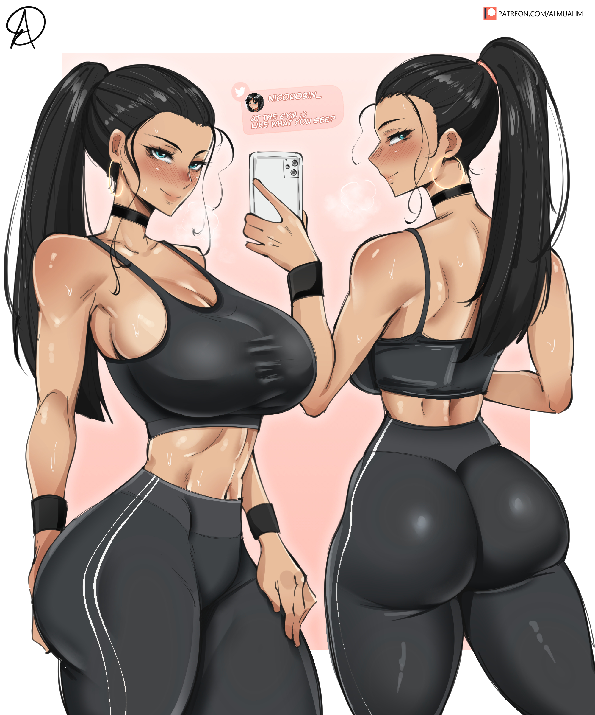 1girls, almualim, ass, black hair, black-haired female, blue eyes, breasts, bubble ass, bubble butt, female, female only, gym clothes, huge ass, huge breasts, long hair, nico robin, one piece, ponytail, pre-timeskip, selfie, sports bra, sportswear, sweat, sweaty body, thick thighs, tight clothing, wide hips, yoga pants