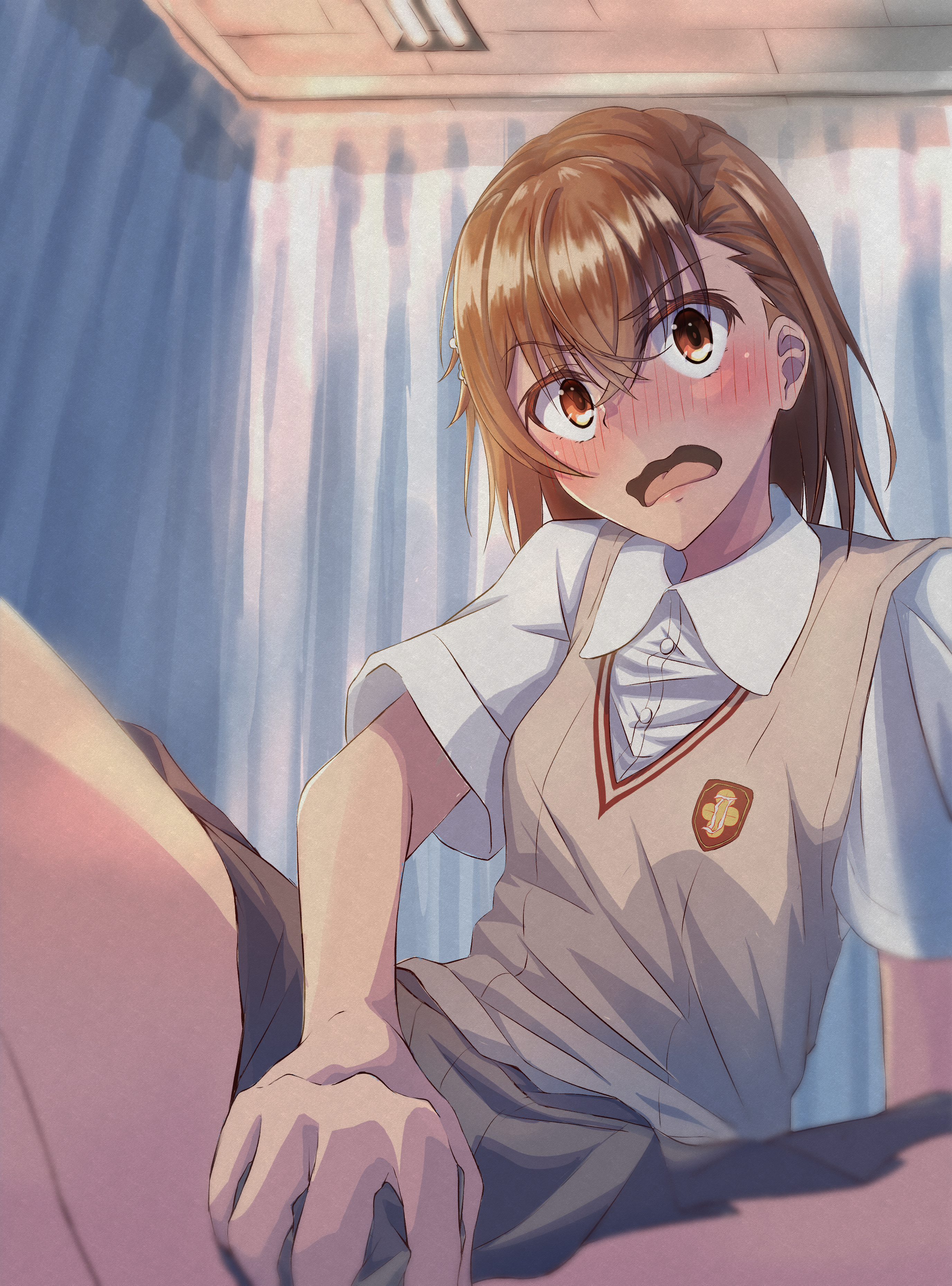 1girls, 2020s, 2021, absurd res, bare thighs, blush, brown eyes, brown hair, brunette, caught, clothed, clothed female, embarrassed, female, fingering, hair flower, hair ornament, halya meri, hi res, indoors, looking at viewer, masturbation, matching hair/eyes, misaka mikoto, open mouth, school uniform, schoolgirl, short hair, solo, teenage female, teenager, thighs, to aru kagaku no railgun, to aru majutsu no index, tokiwadai school uniform, walk-in, wavy mouth, young