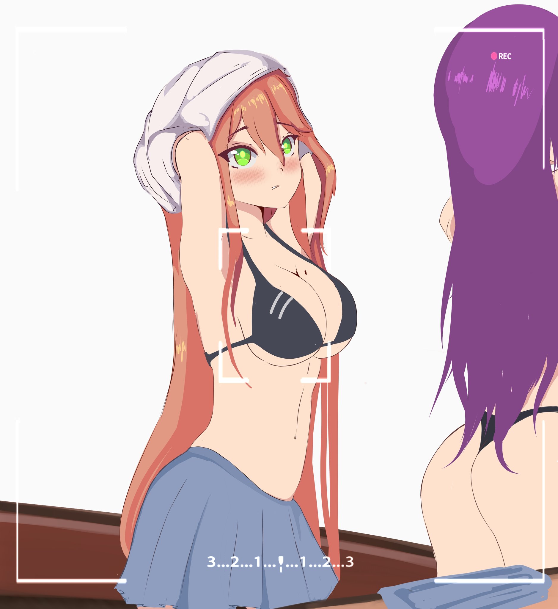 artemitzuki (artist), black bra, black panties, blue skirt, blush, bra, breasts, brown hair, doki doki literature club, female, green eyes, looking at viewer, mole, mole on breast, monika (doki doki literature club), panties, purple hair, recording, skirt, spying, standing, undressing, yuri (doki doki literature club)