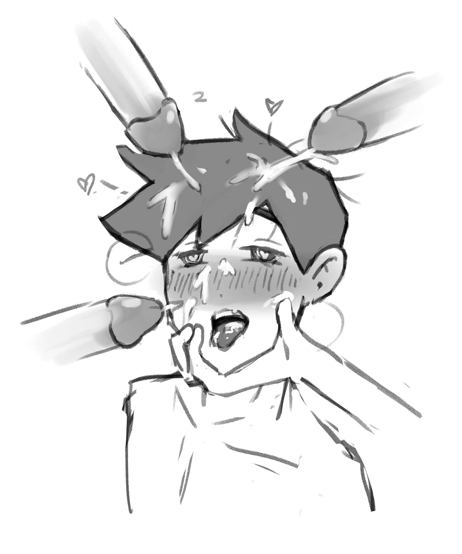 bukkake, cum, cum on face, disembodied penis, gay, hero (omori), male, mob face, multiple penises, omori, penis