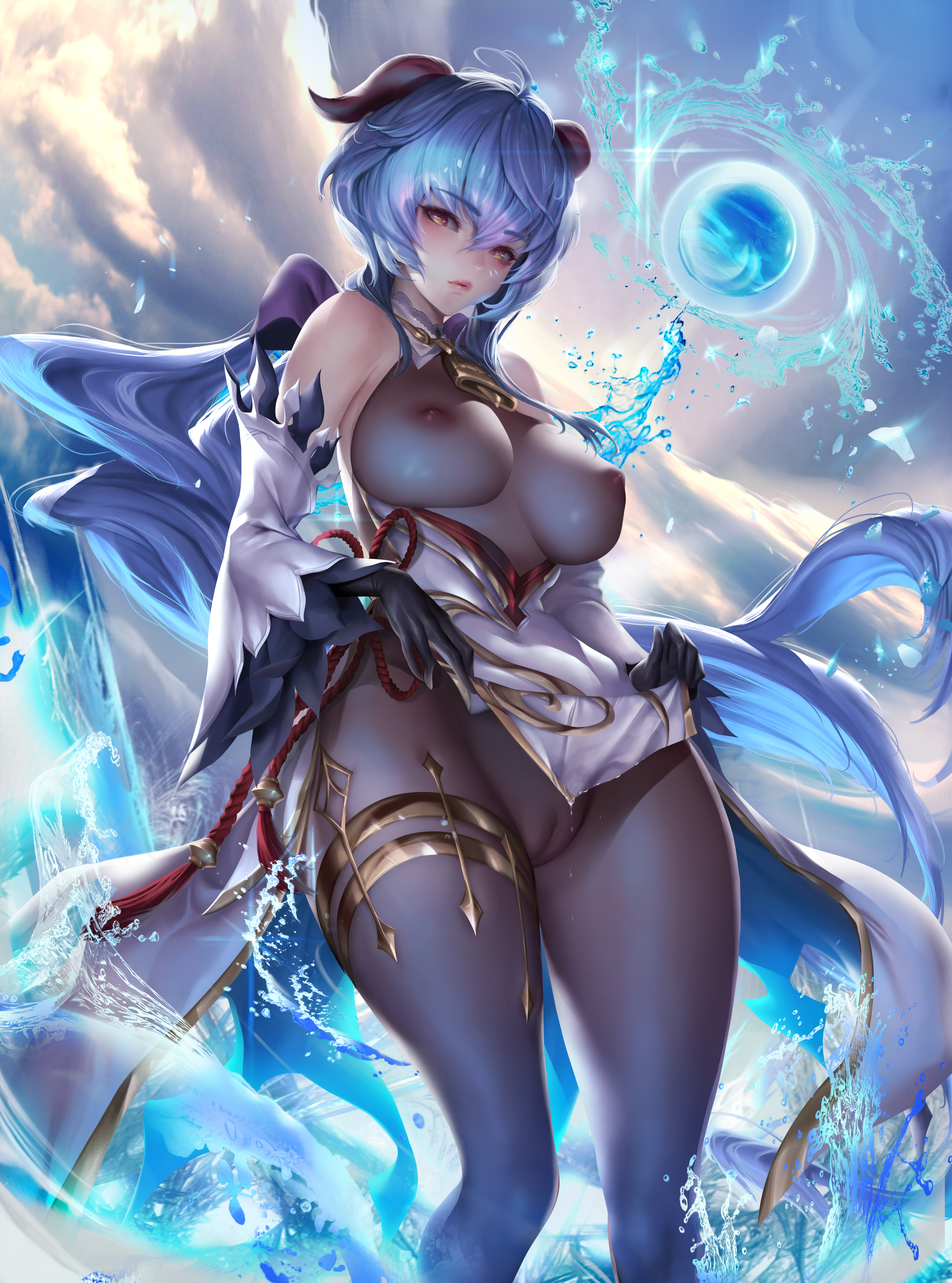 1girls, absurd res, arenbi, big breasts, blue hair, bodysuit, breasts, cameltoe, cute, female, functionally nude, ganyu (genshin impact), genshin impact, horns, kimono, large filesize, nipples visible through clothing, pussy, see-through, see-through clothing, short hair, tagme, translucent clothing, very high resolution