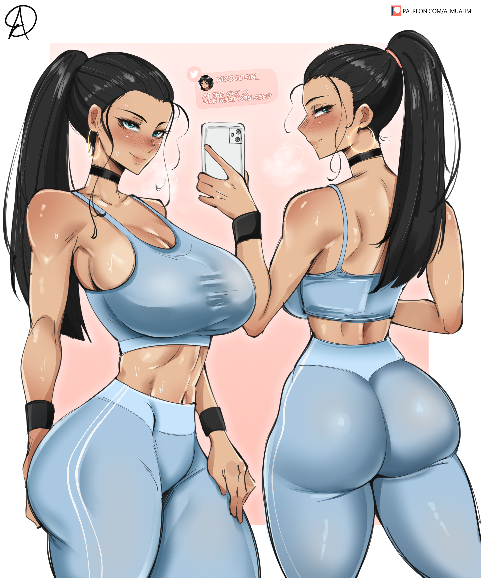 1girls, almualim, alternate version available, ass, black hair, black-haired female, blue eyes, breasts, bubble ass, bubble butt, female, female only, huge ass, huge breasts, long hair, nico robin, one piece, pre-timeskip, sports bra, sportswear, sweat, sweaty body, thick thighs, tight clothing, wide hips, yoga pants
